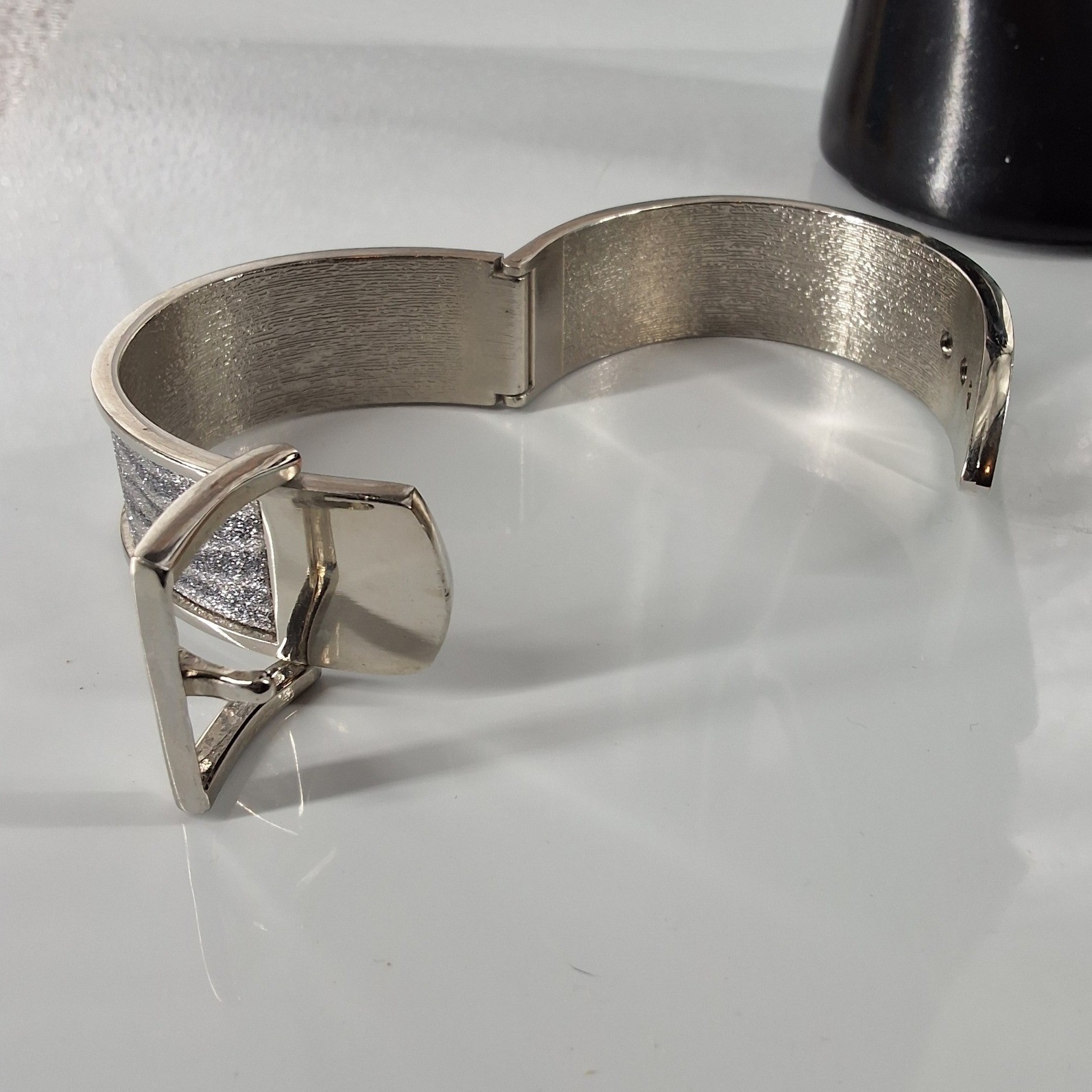 Silver Tone Zebra Print Glitter Belt Buckle Hinged Cuff Bracelet Statement Piece - View 7