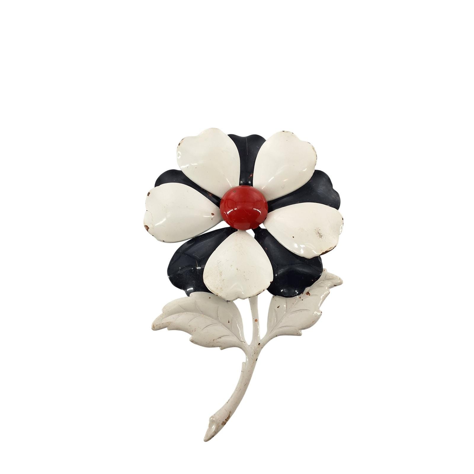 Vintage 60s Mod Enamel Flower Brooch White Black Red Retro Floral Pin 4"