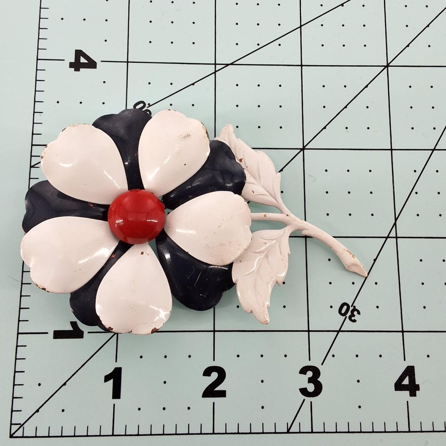 Vintage 60s Mod Enamel Flower Brooch White Black Red Retro Floral Pin 4"