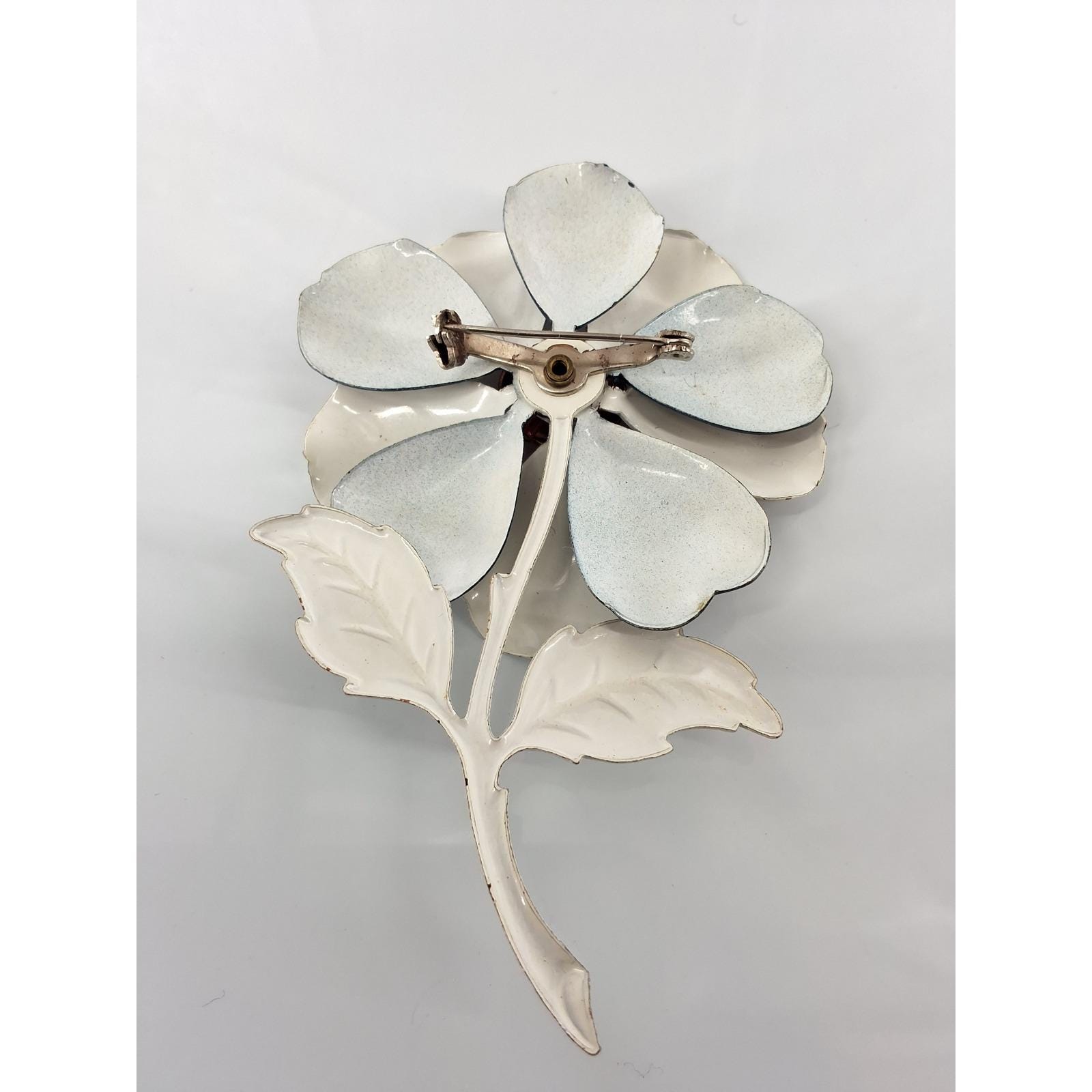 Vintage 60s Mod Enamel Flower Brooch White Black Red Retro Floral Pin 4" - View 3