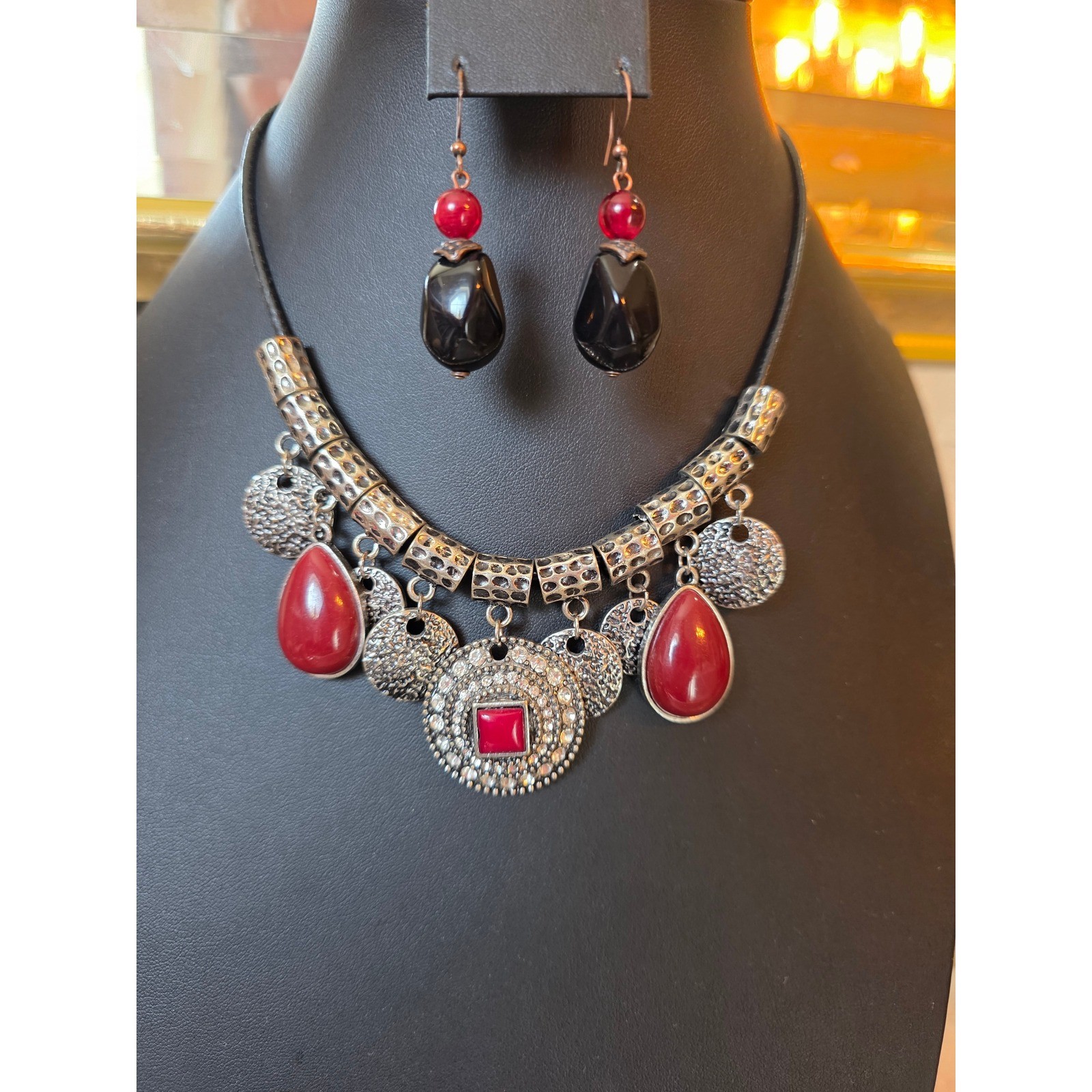 Red & Black Statement Choker Necklace & Dangle Earrings Jewelry Set