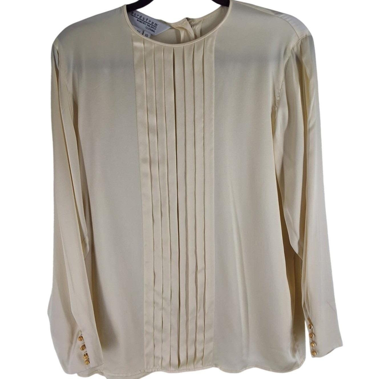 Vtg Nordstrom Silk Pleated Tuxedo Bib Blouse Cream 10