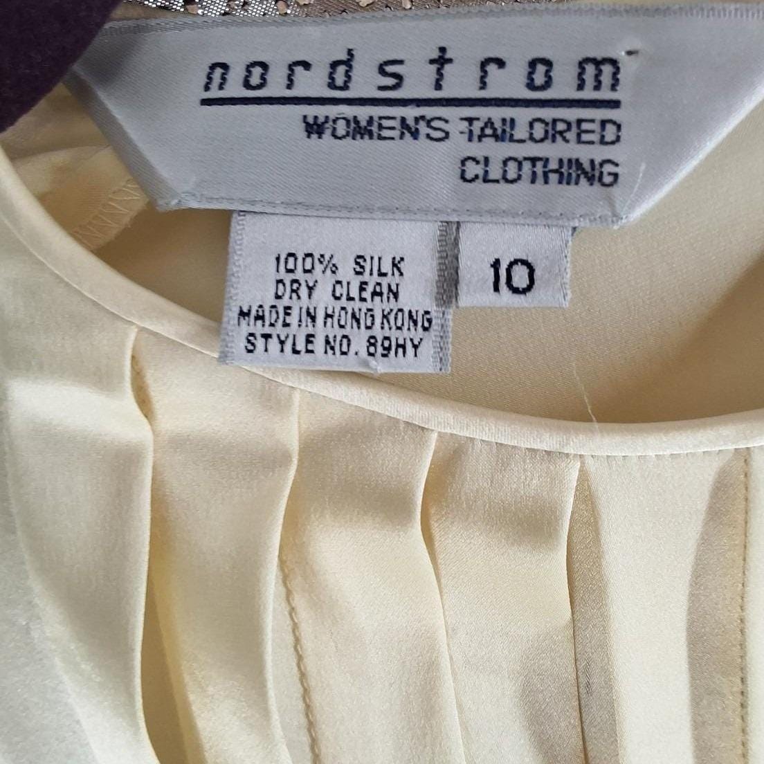 Vtg Nordstrom Silk Pleated Tuxedo Bib Blouse Cream 10