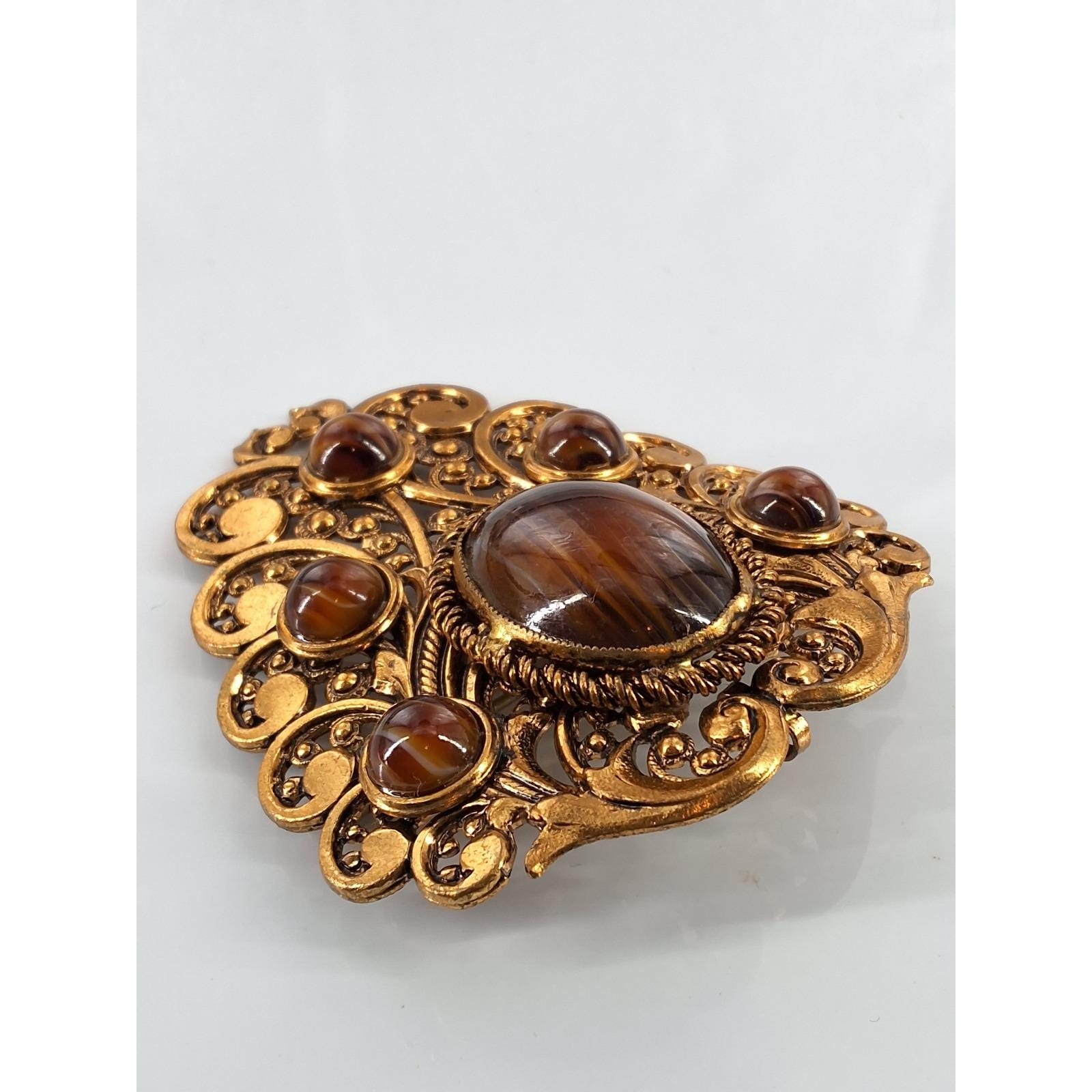 Vintage West Germany Gold Filigree Brooch Pendant Faux Tiger Eye Amber Ornate