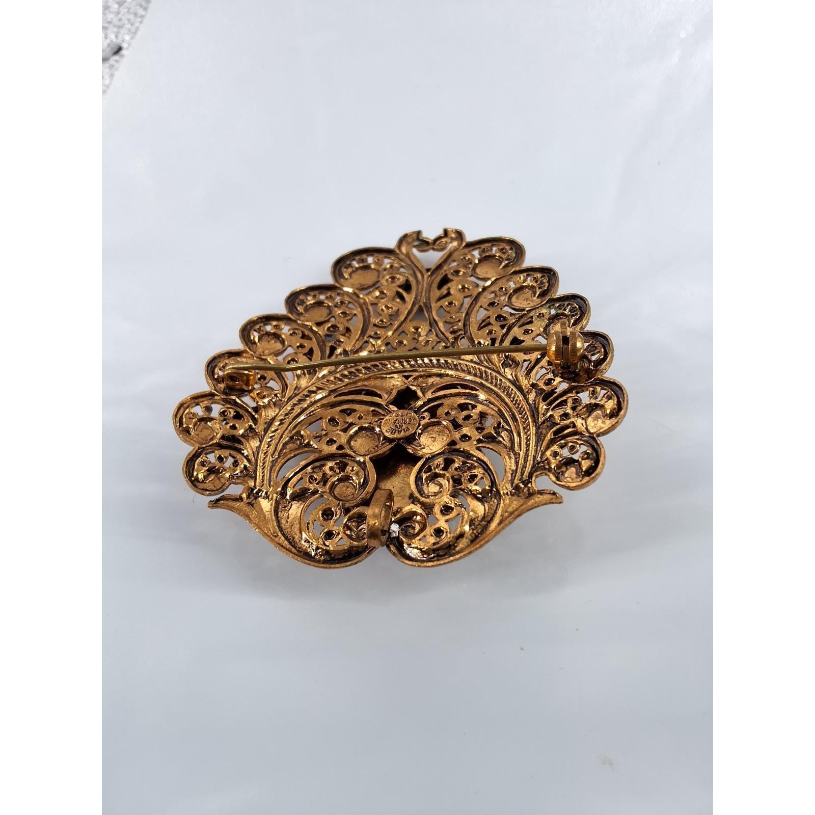 Vintage West Germany Gold Filigree Brooch Pendant Faux Tiger Eye Amber Ornate - View 4