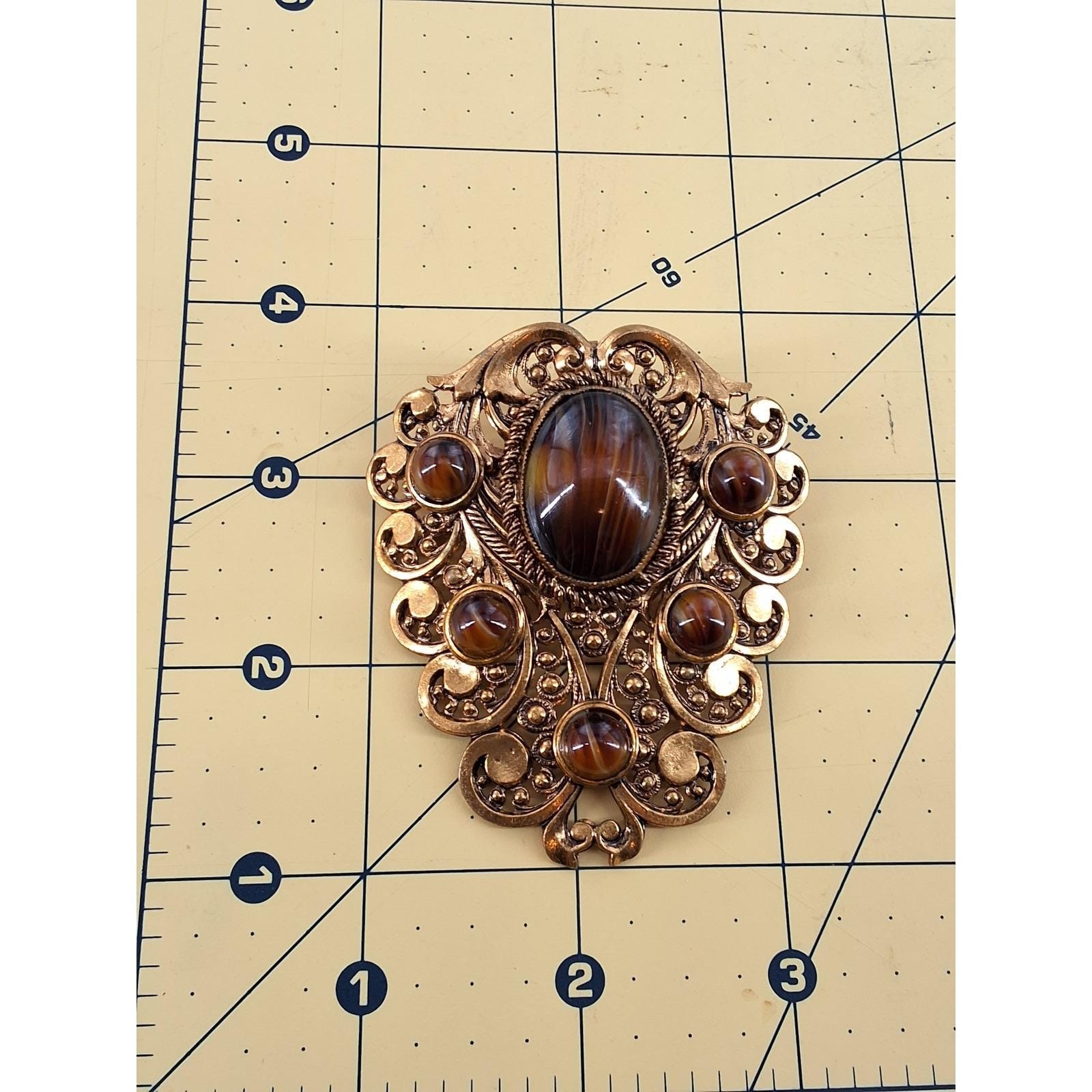 Vintage West Germany Gold Filigree Brooch Pendant Faux Tiger Eye Amber Ornate - View 6