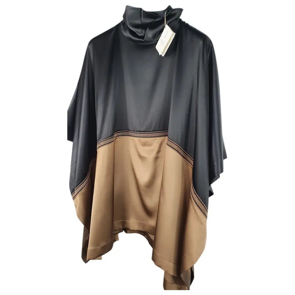 Brunello Cucinelli Silk Monili Bead Colorblock Poncho Wrap Black Brown L