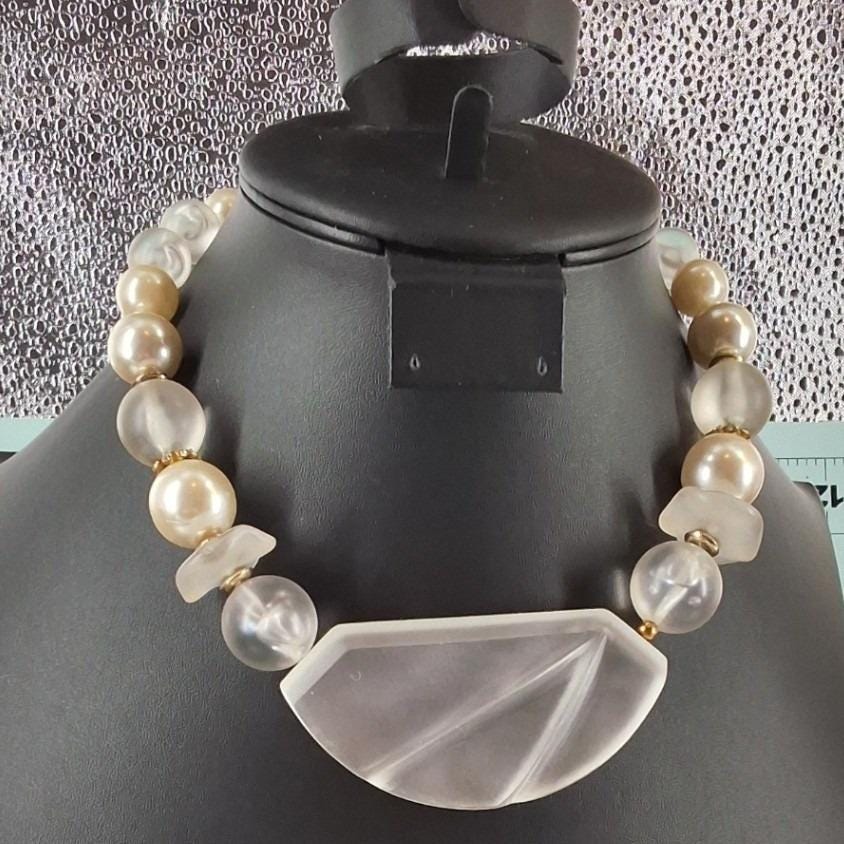 Vtg 80s Art Deco Statement Necklace Chunky Frosted Geometric Pendant Faux Pearl