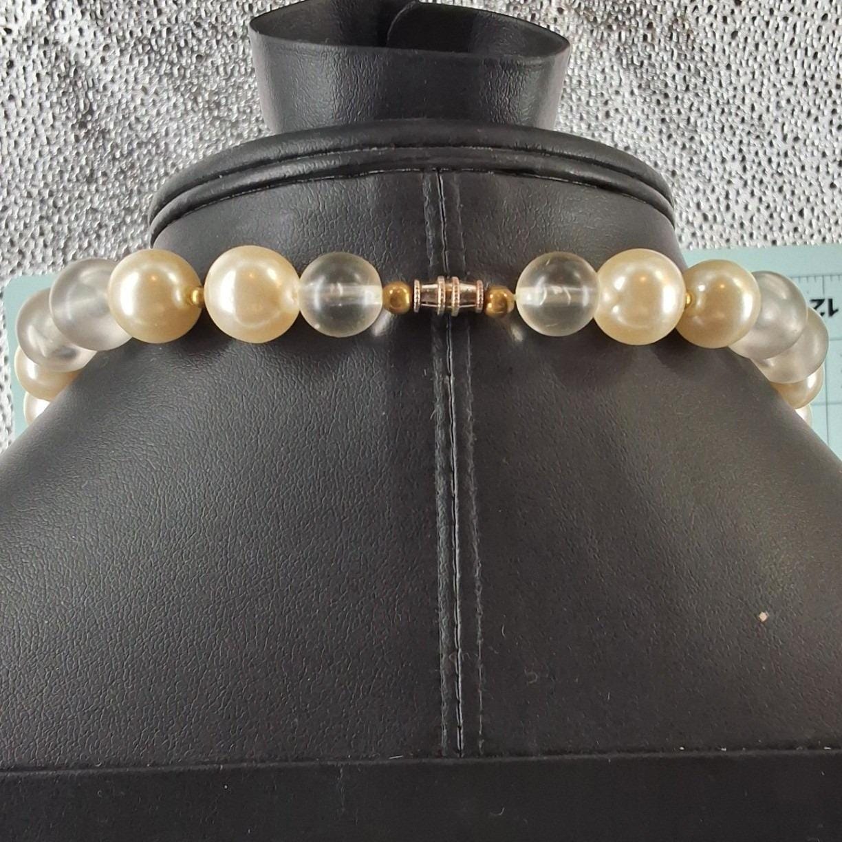 Vtg 80s Art Deco Statement Necklace Chunky Frosted Geometric Pendant Faux Pearl - View 3