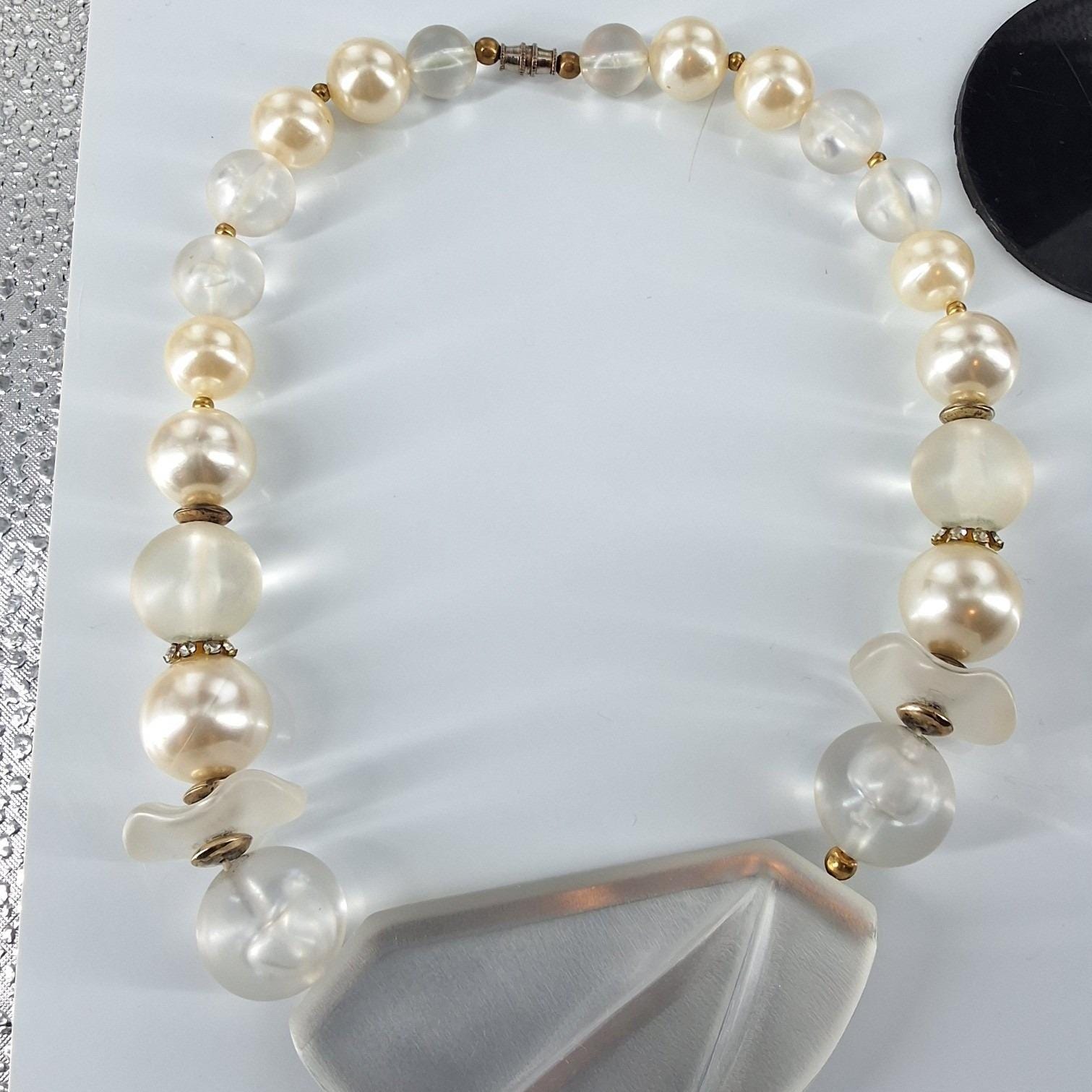 Vtg 80s Art Deco Statement Necklace Chunky Frosted Geometric Pendant Faux Pearl - View 6