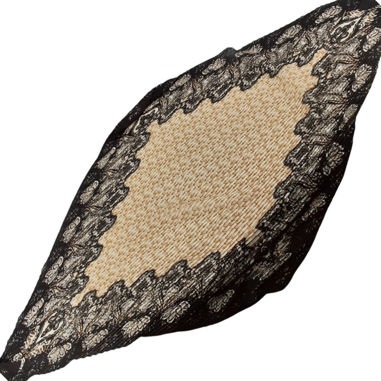 Vintage Style Black and Tan Pleated Diamond Scarf Damask Floral Print Accessory