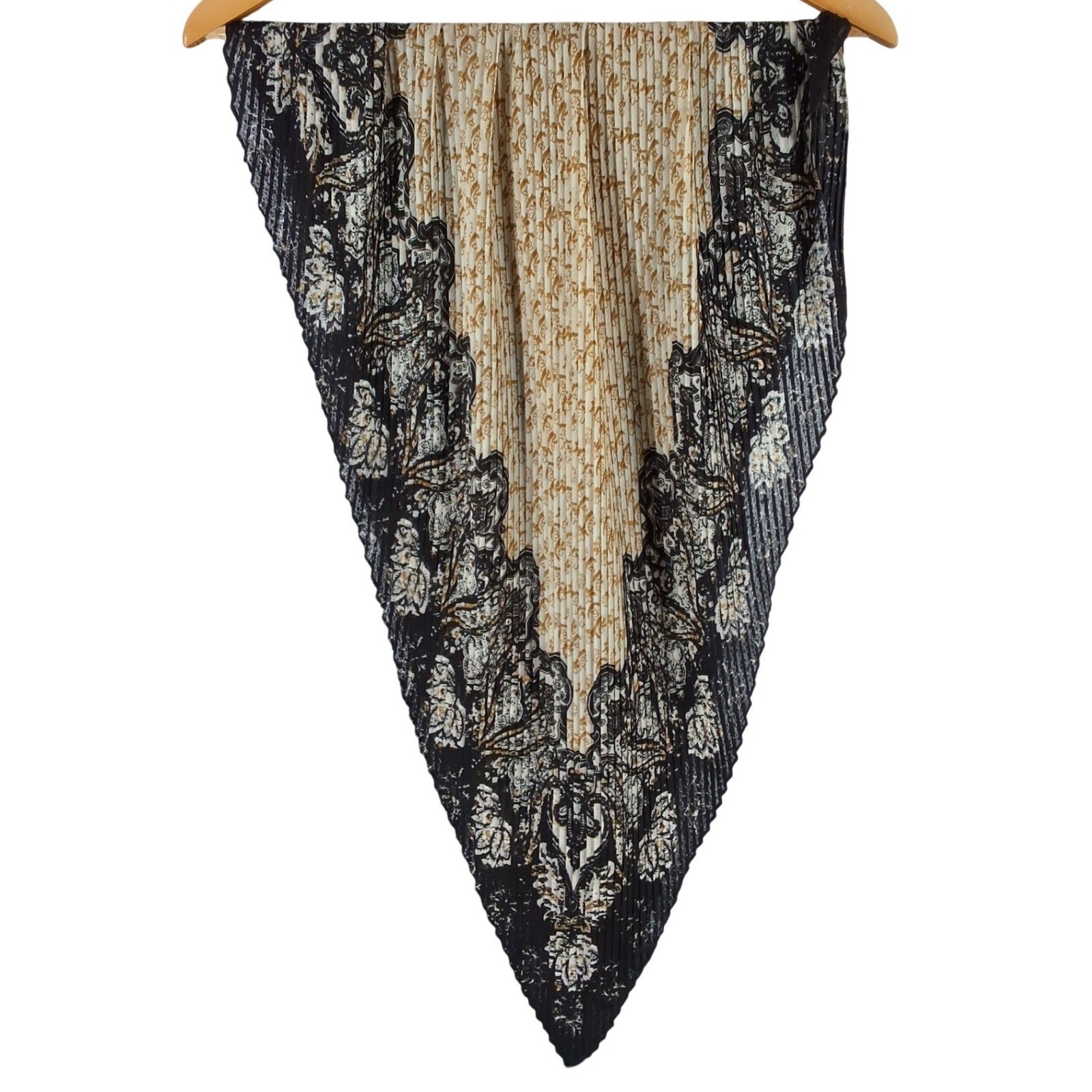 Vintage Style Black and Tan Pleated Diamond Scarf Damask Floral Print Accessory - View 3