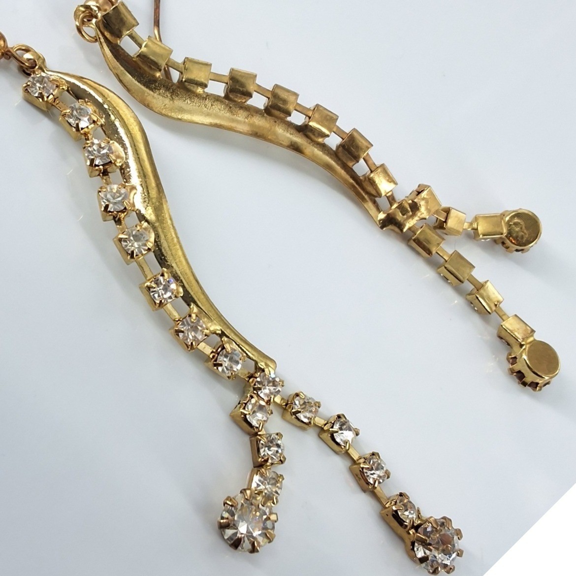 Gold Tone Rhinestone Curved Bar Dangle Drop Earrings Clear Crystal Formal - View 3