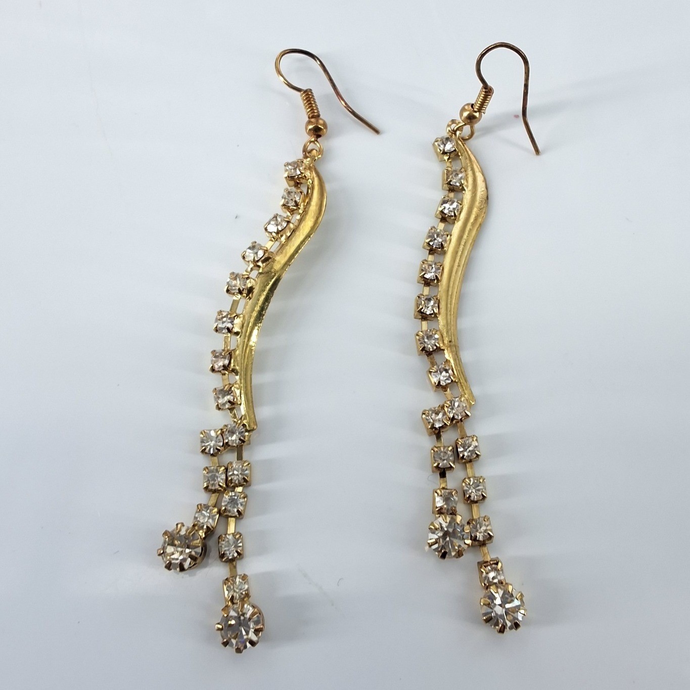Gold Tone Rhinestone Curved Bar Dangle Drop Earrings Clear Crystal Formal - View 4