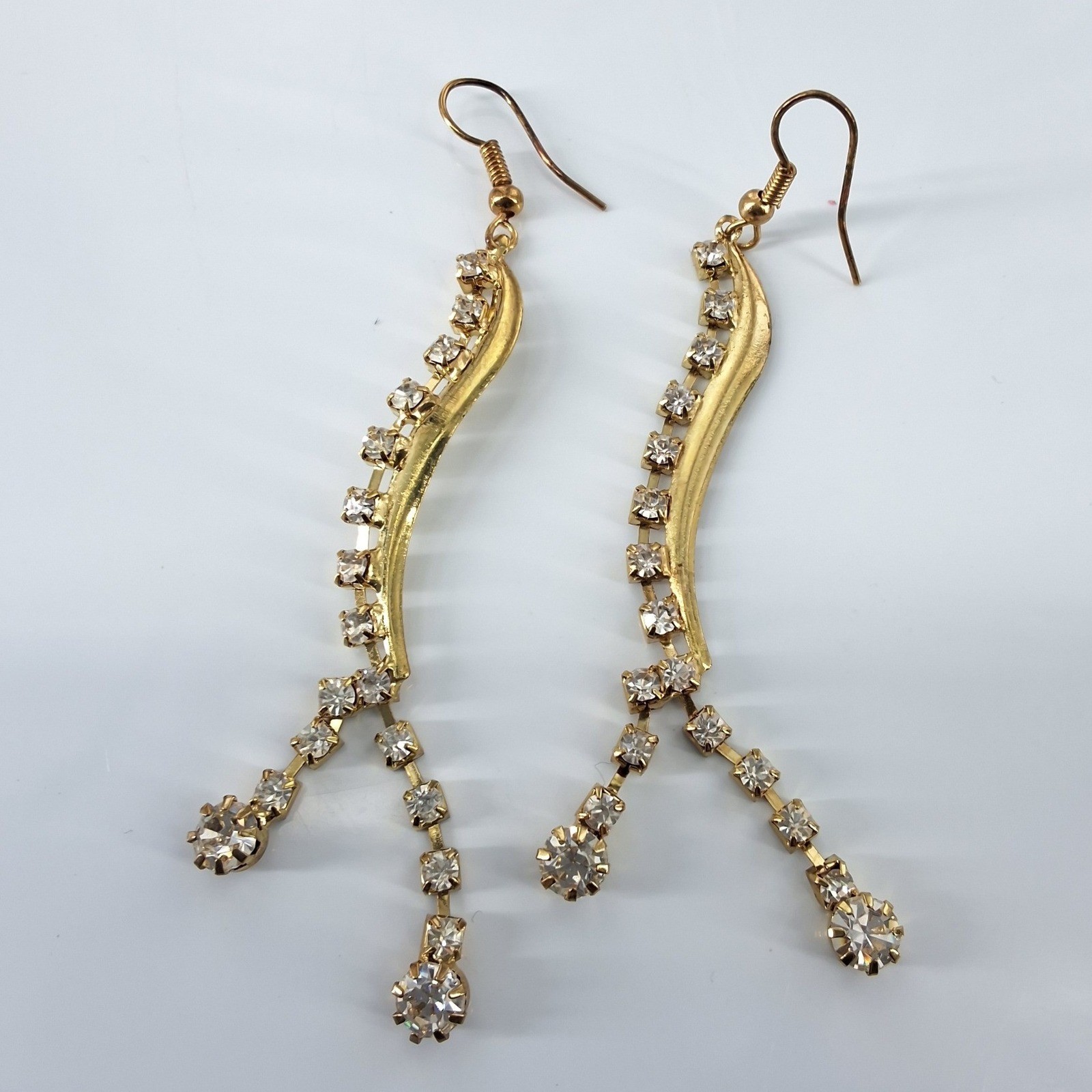 Gold Tone Rhinestone Curved Bar Dangle Drop Earrings Clear Crystal Formal - View 5