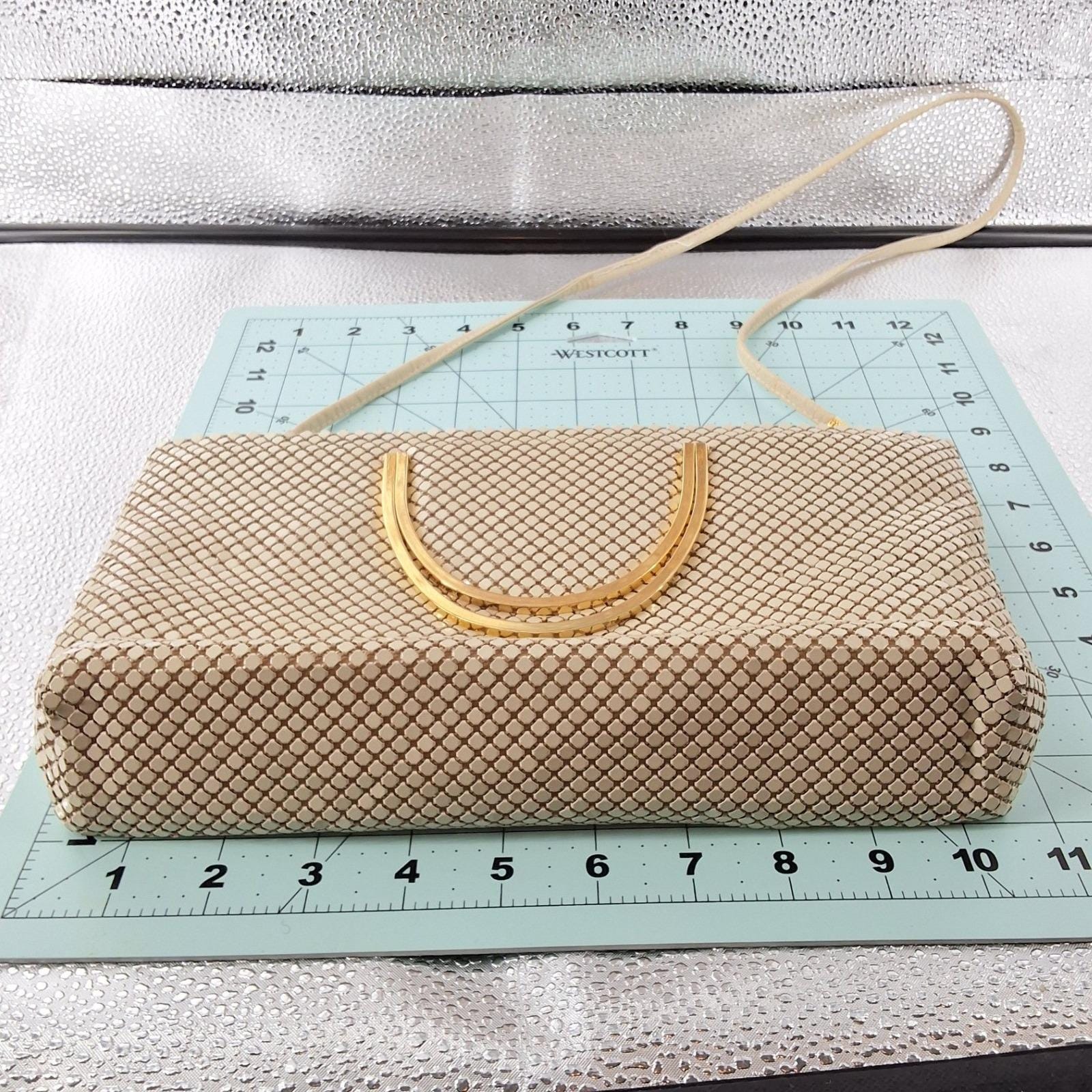 Ashley Moore Cream Aluminum Metal Mesh Evening Bag Gold Handle Crossbody