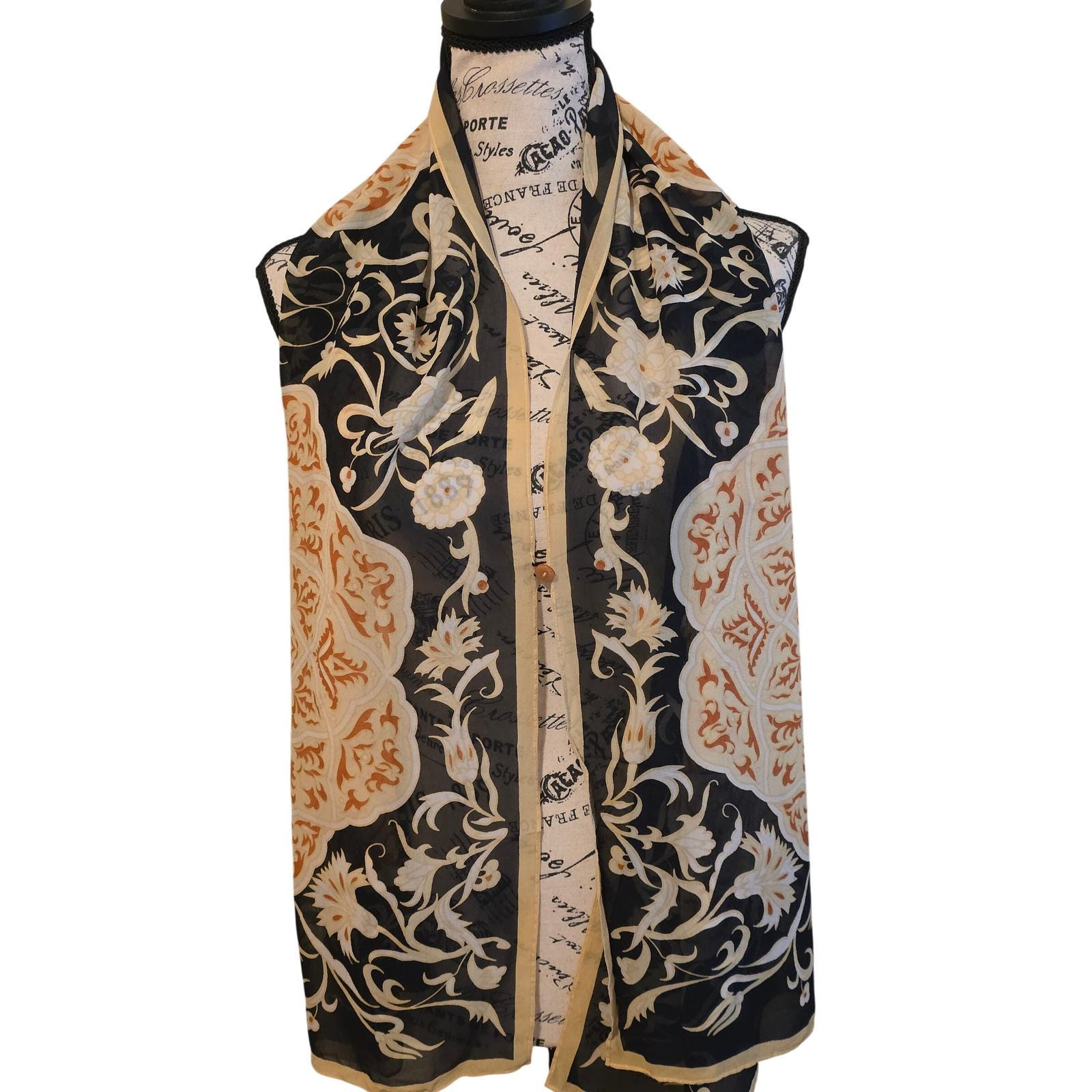 Sheer Silk Mandala Floral Button Wrap Scarf Black Orange Boho