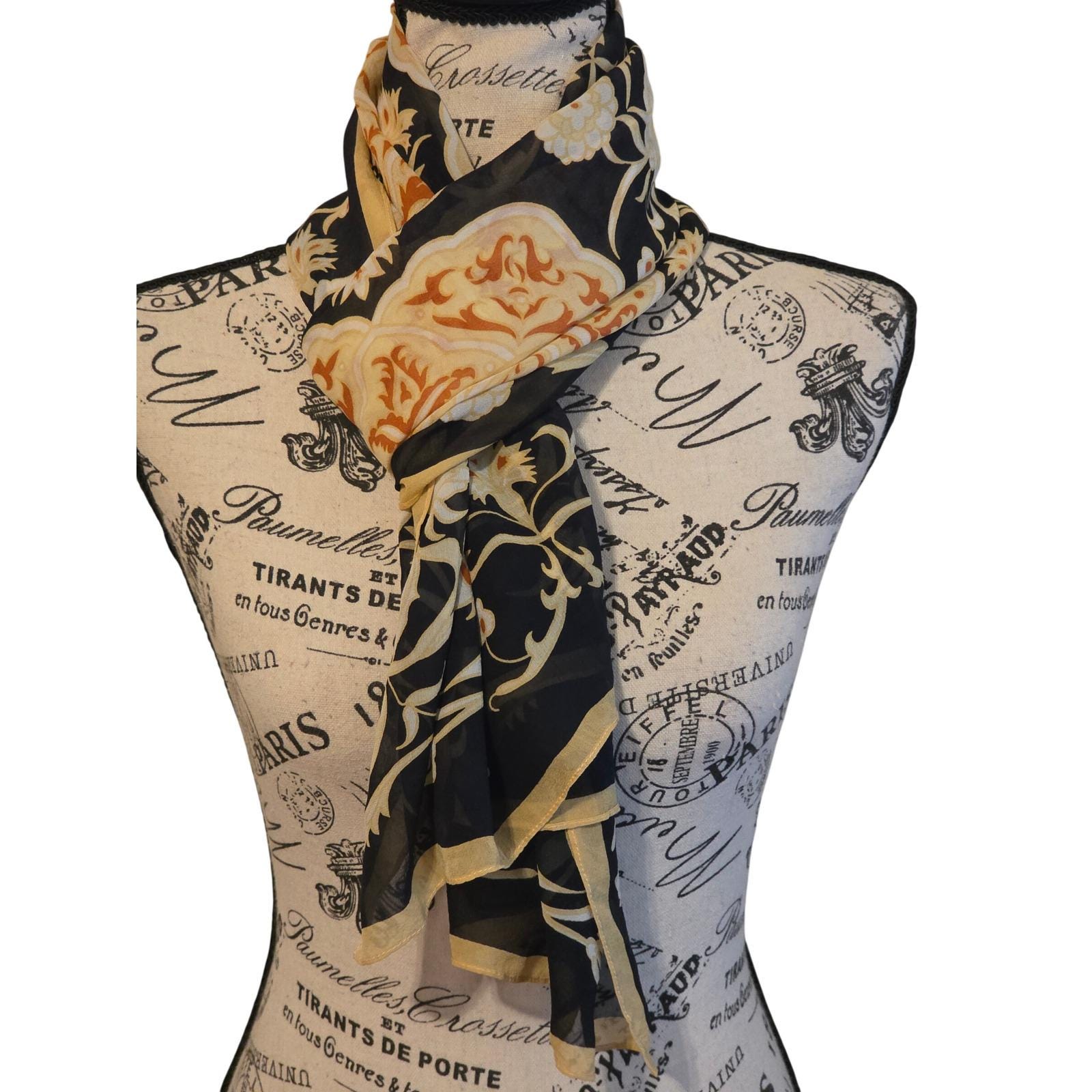 Sheer Silk Mandala Floral Button Wrap Scarf Black Orange Boho - View 4