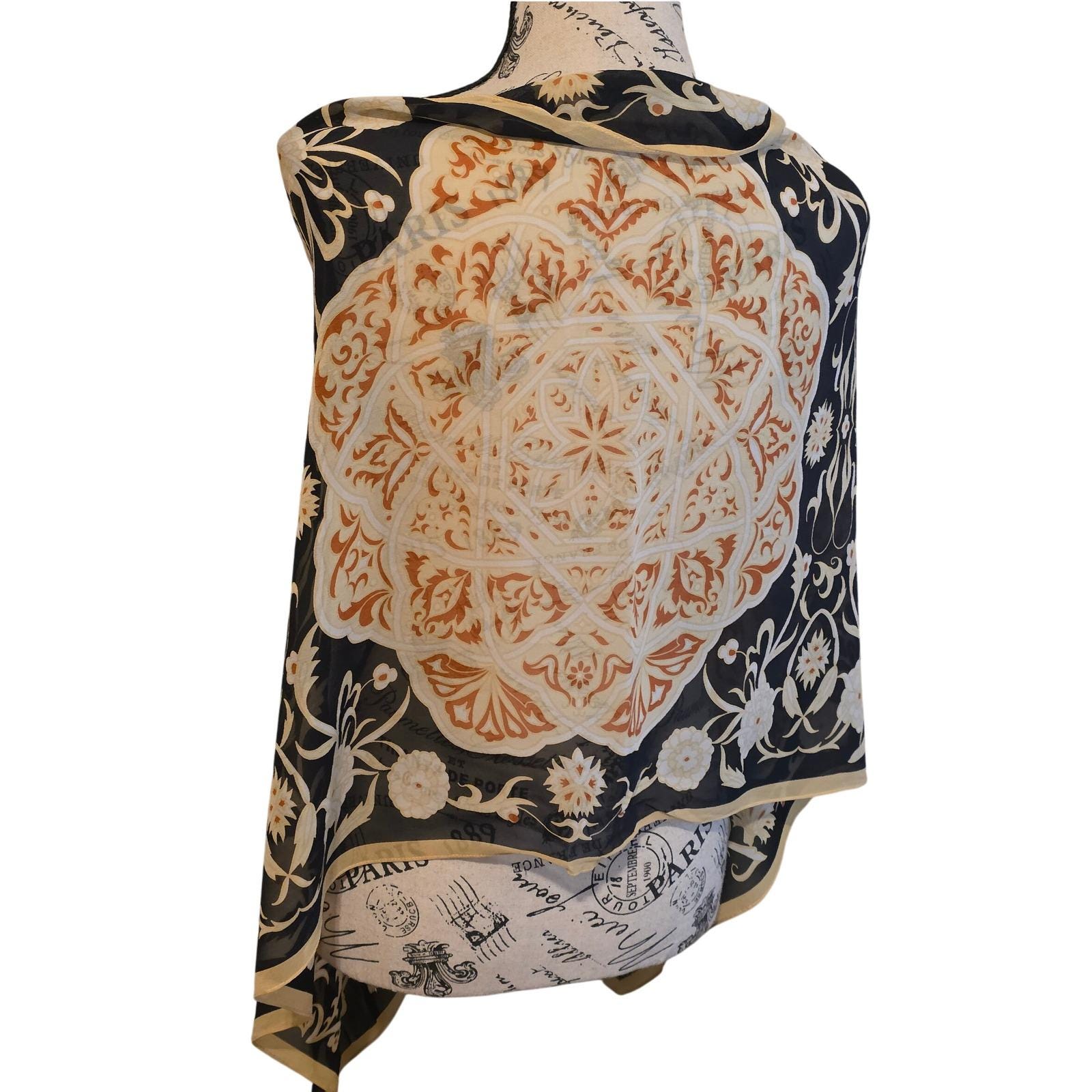 Sheer Silk Mandala Floral Button Wrap Scarf Black Orange Boho - View 6