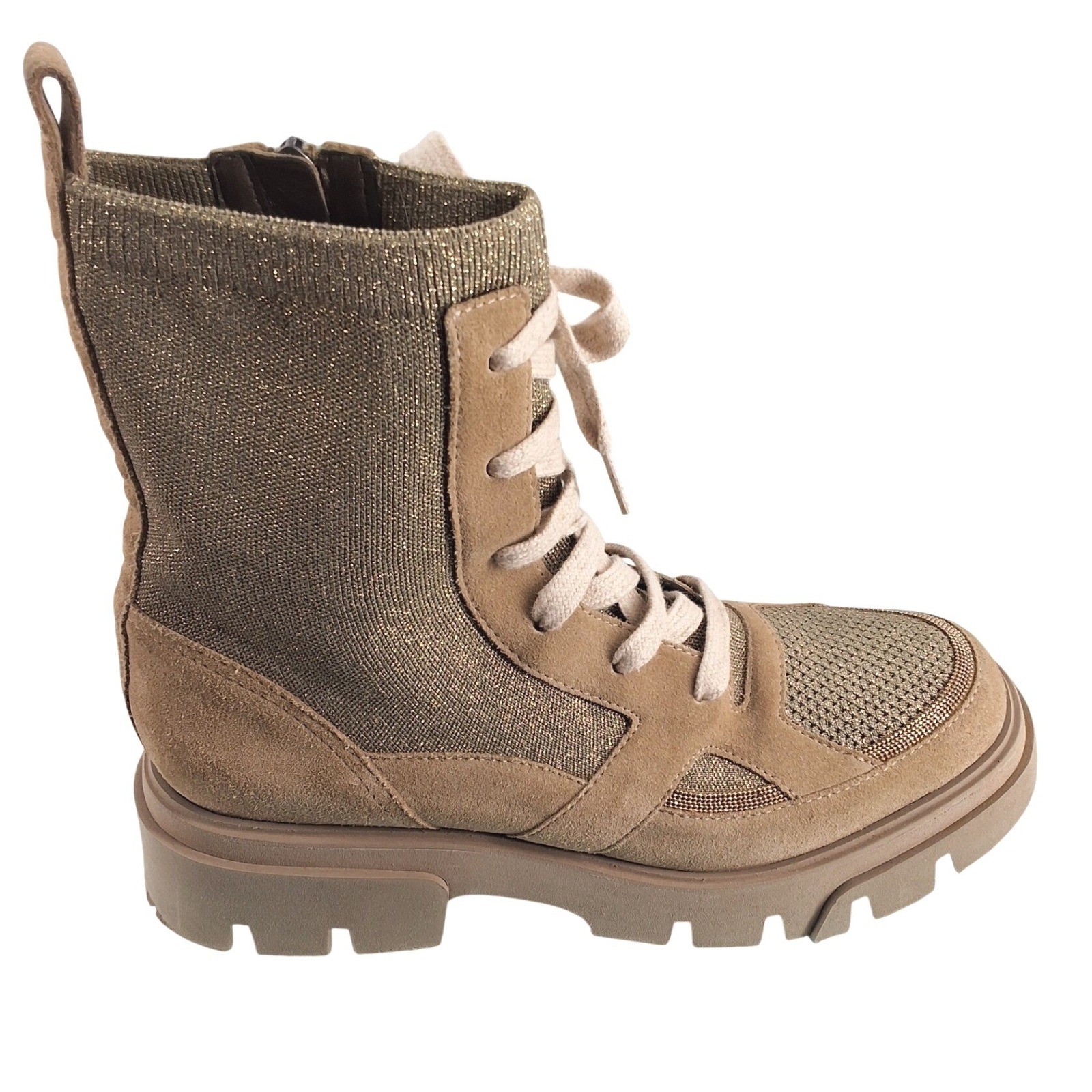 Brunello Cucinelli Gold Knit Monili Lurex Tan Suede Lug Sole Combat Boots 39.5 - View 5