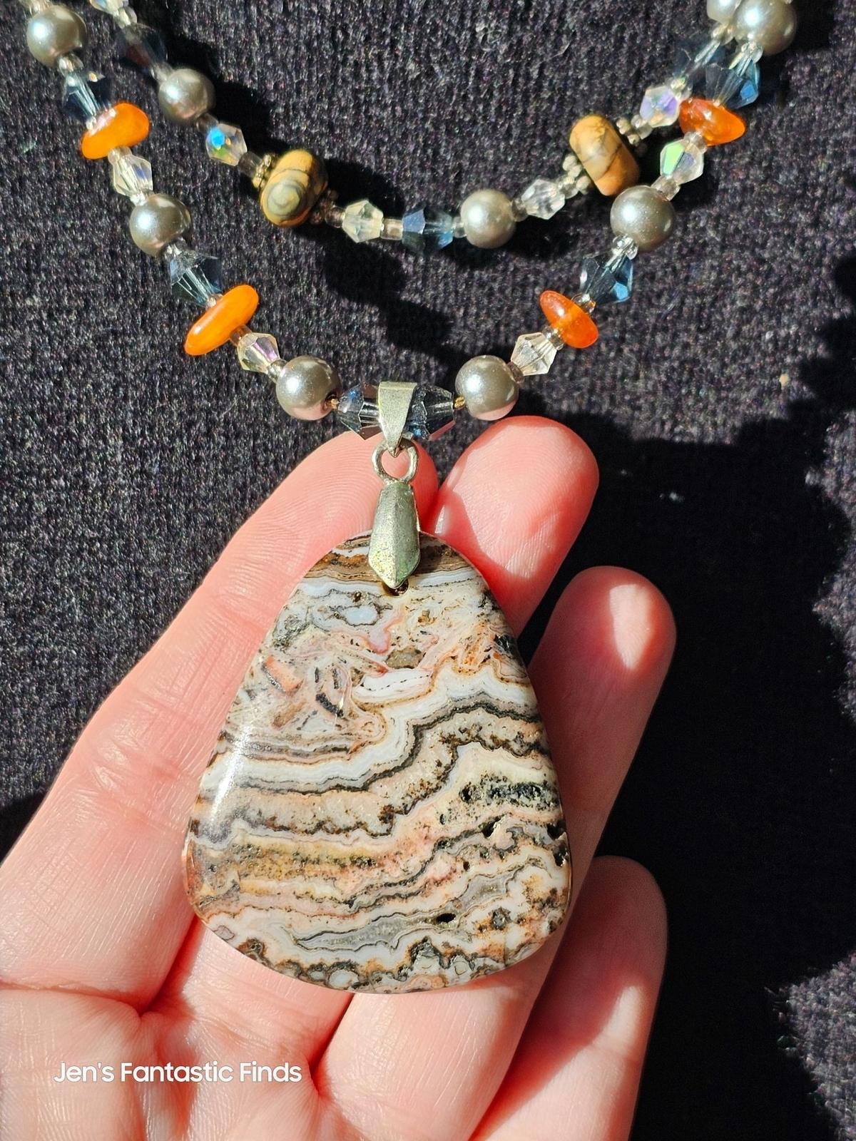 Picture Jasper Pearl Carnelian Sterling Silver Double Strand Necklace Toggle