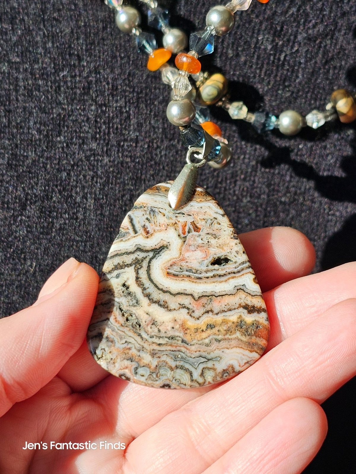 Picture Jasper Pearl Carnelian Sterling Silver Double Strand Necklace Toggle