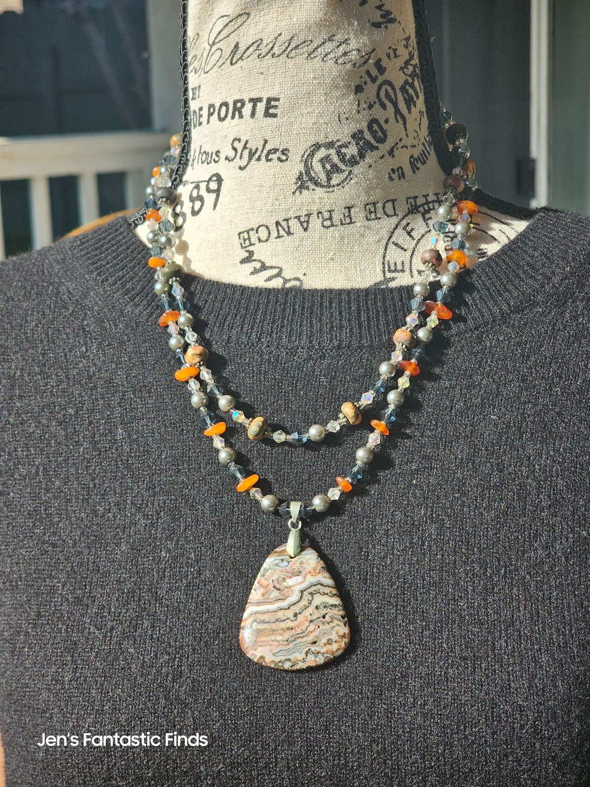 Picture Jasper Pearl Carnelian Sterling Silver Double Strand Necklace Toggle - View 8