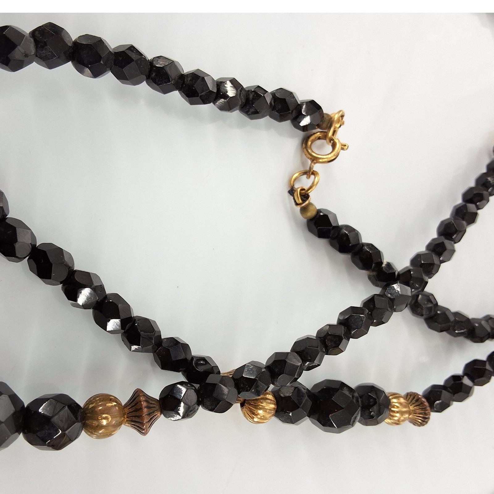Vintage Black Faceted Bead Necklace Gold Tone Accents 34" 86.36 cm