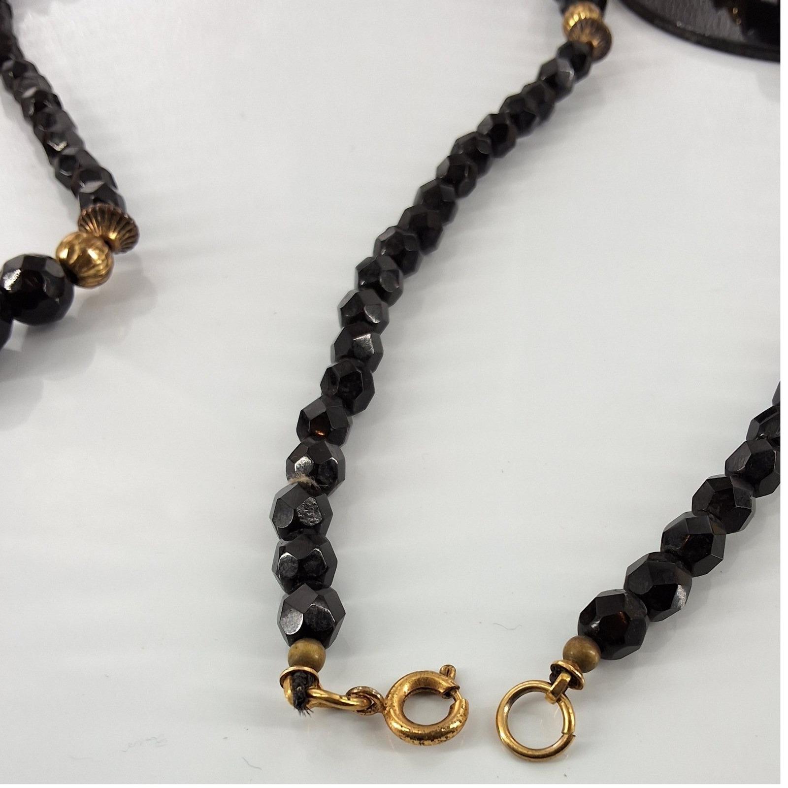 Vintage Black Faceted Bead Necklace Gold Tone Accents 34" 86.36 cm