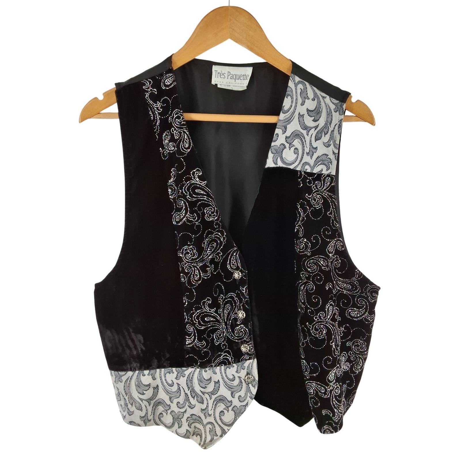 Tres Paquette Vintage Velvet Paisley Patchwork Vest Black Silver Glitter Large