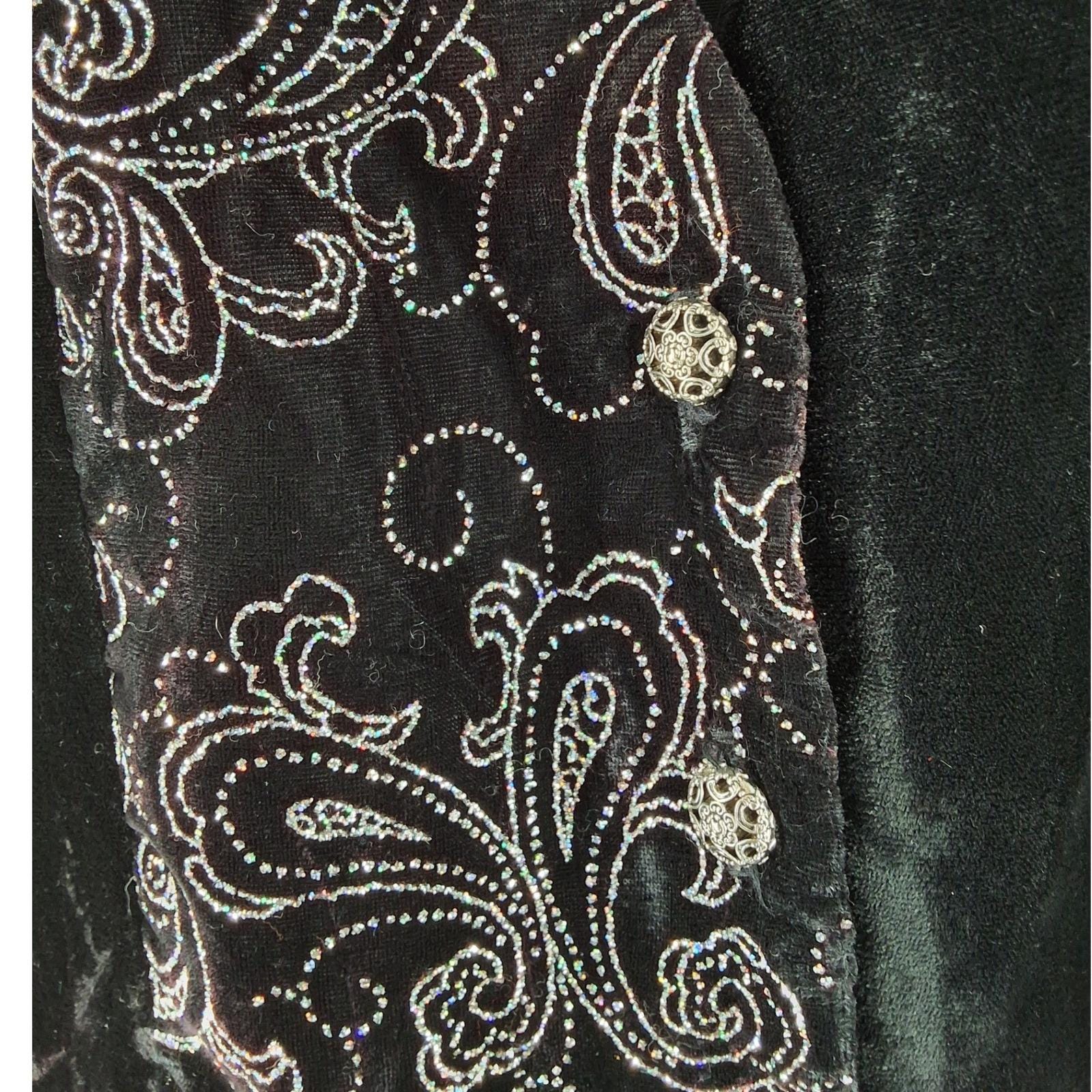 Tres Paquette Vintage Velvet Paisley Patchwork Vest Black Silver Glitter Large - View 7