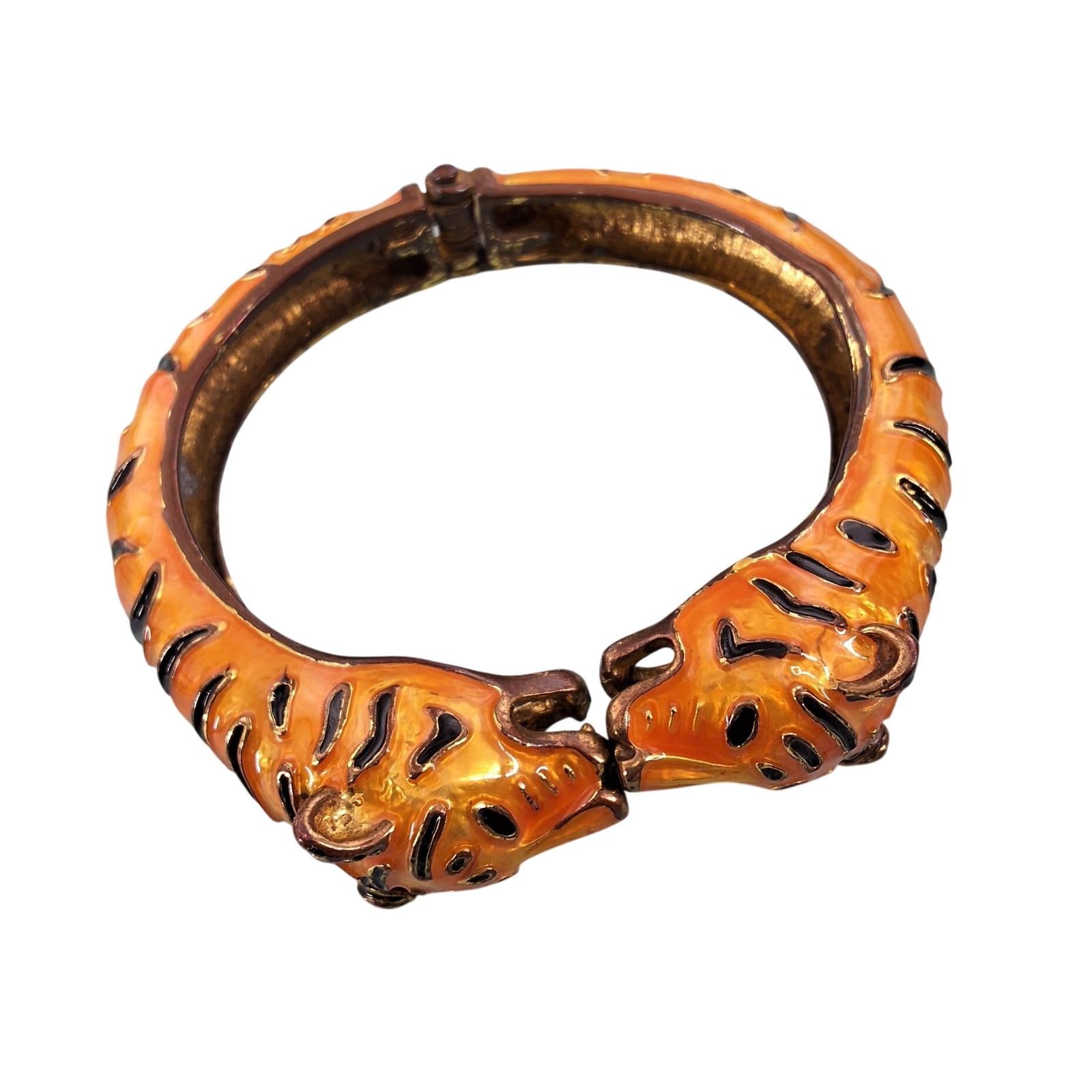 Vintage Orange Enamel Tiger Head Bypass Bangle Bracelet Animal Print Gold Tone
