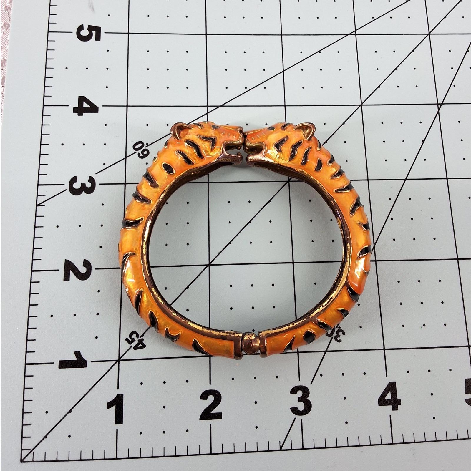 Vintage Orange Enamel Tiger Head Bypass Bangle Bracelet Animal Print Gold Tone