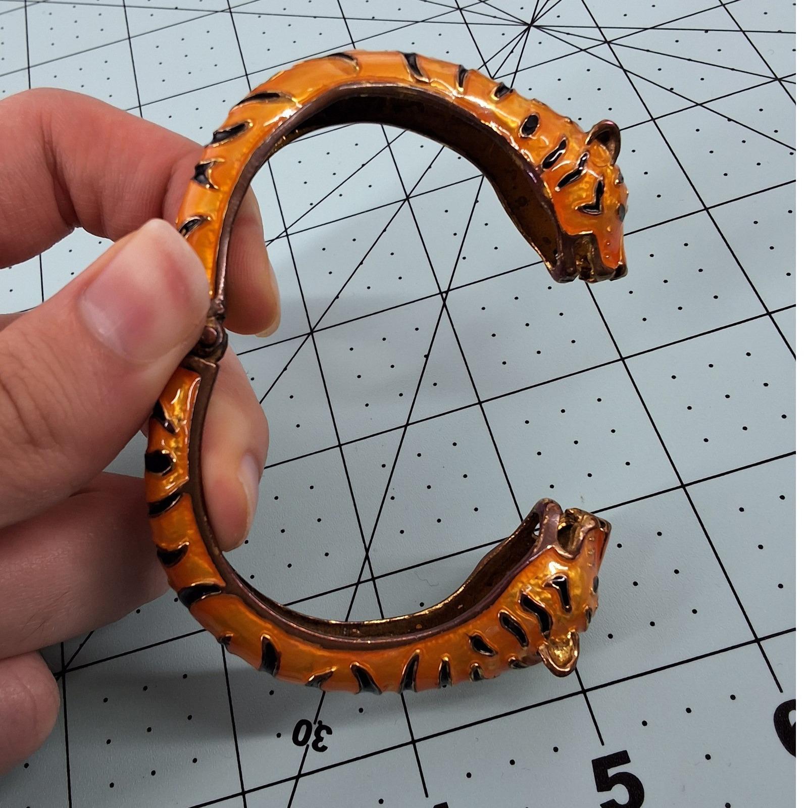 Vintage Orange Enamel Tiger Head Bypass Bangle Bracelet Animal Print Gold Tone - View 4