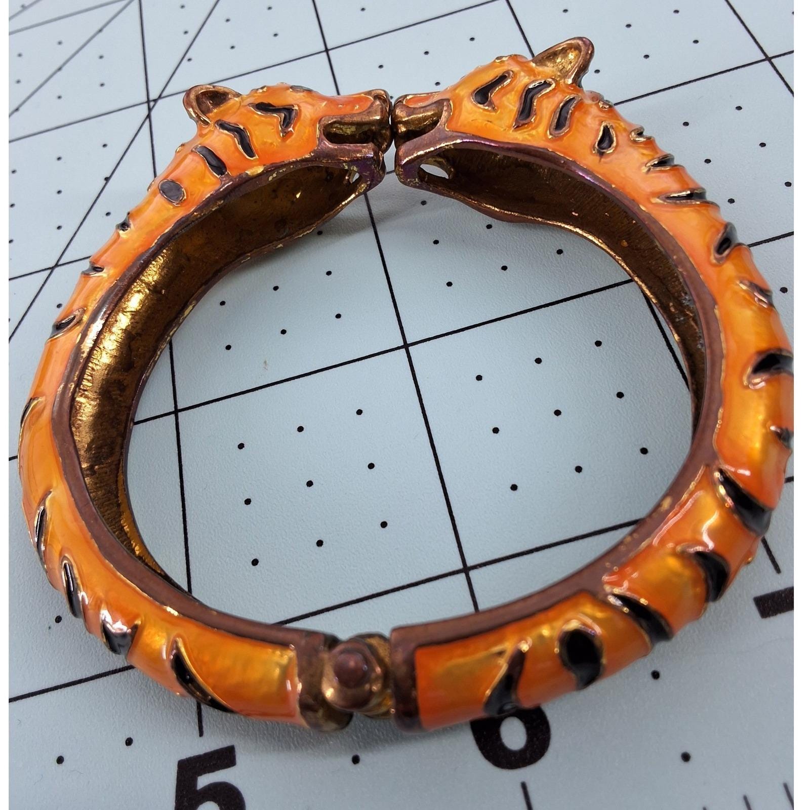 Vintage Orange Enamel Tiger Head Bypass Bangle Bracelet Animal Print Gold Tone - View 5