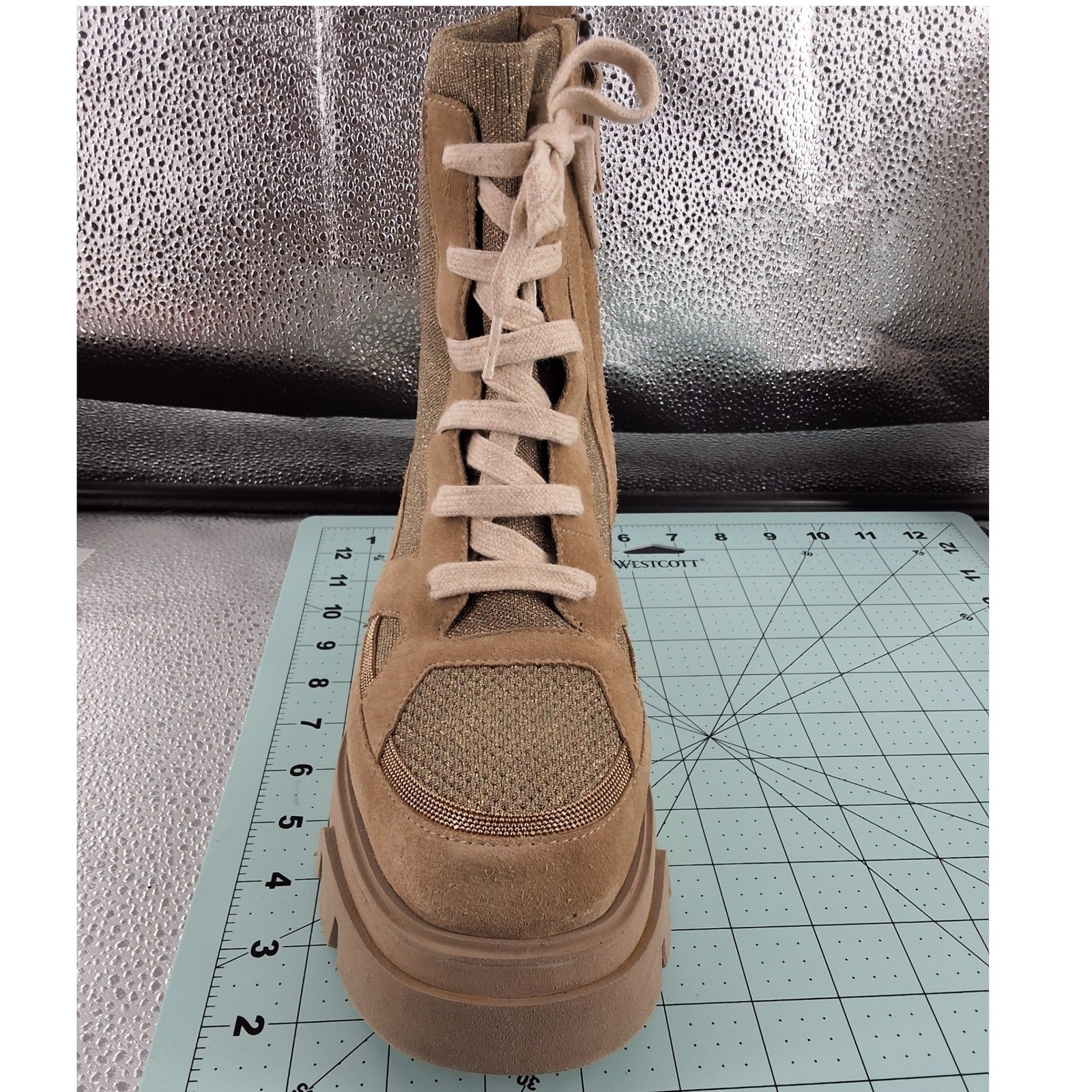 Brunello Cucinelli Gold Knit Monili Lurex Tan Suede Lug Sole Combat Boots 39.5 - View 9