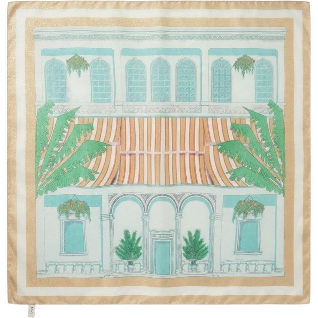 Vintage 1987 Ginnie Johansen Villa Print Cotton Scarf Blue Tan Japan 31"