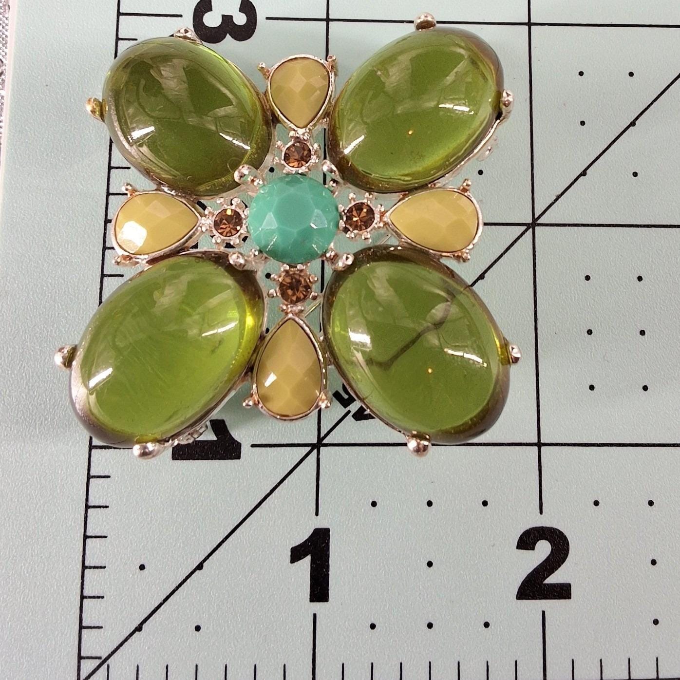 Vintage Green Cabochon Turquoise Silver Tone Quatrefoil Statement Brooch Pin - View 6