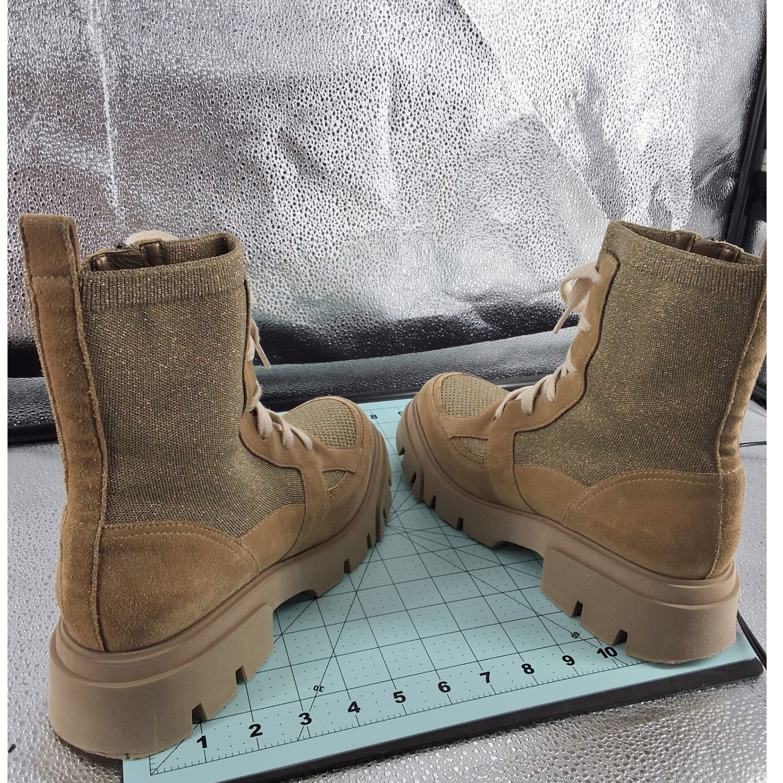 Brunello Cucinelli Gold Knit Monili Lurex Tan Suede Lug Sole Combat Boots 39.5 - View 11