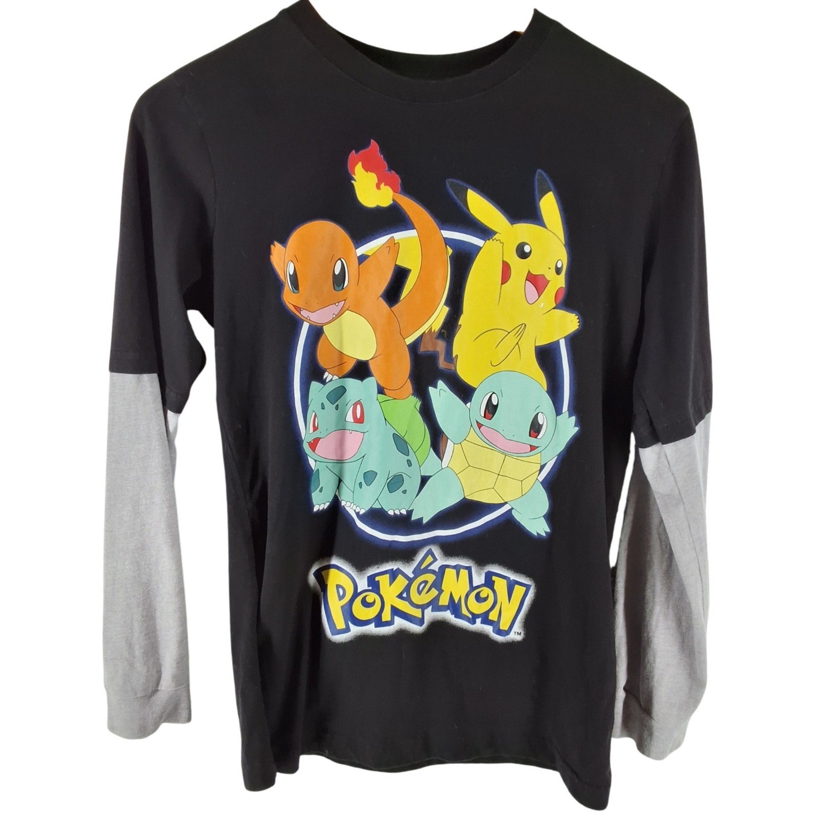 Pokemon Boys XL 14/16 Long Sleeve Shirt Pikachu Starters Black Gray Colorblock
