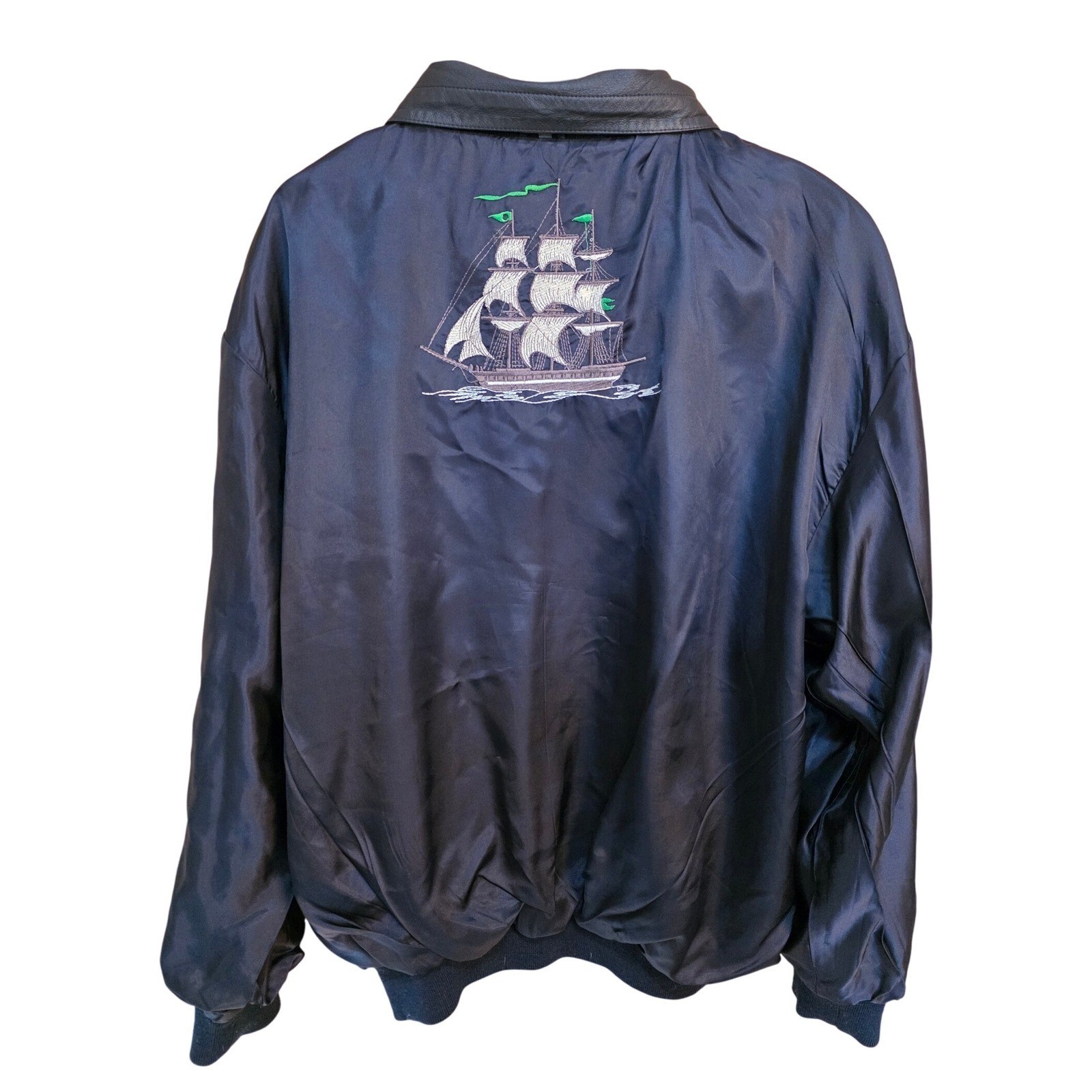 Vintage Mens Suede Knit Bomber Jacket Black Navy Embroidered Ship Lining Small - View 3