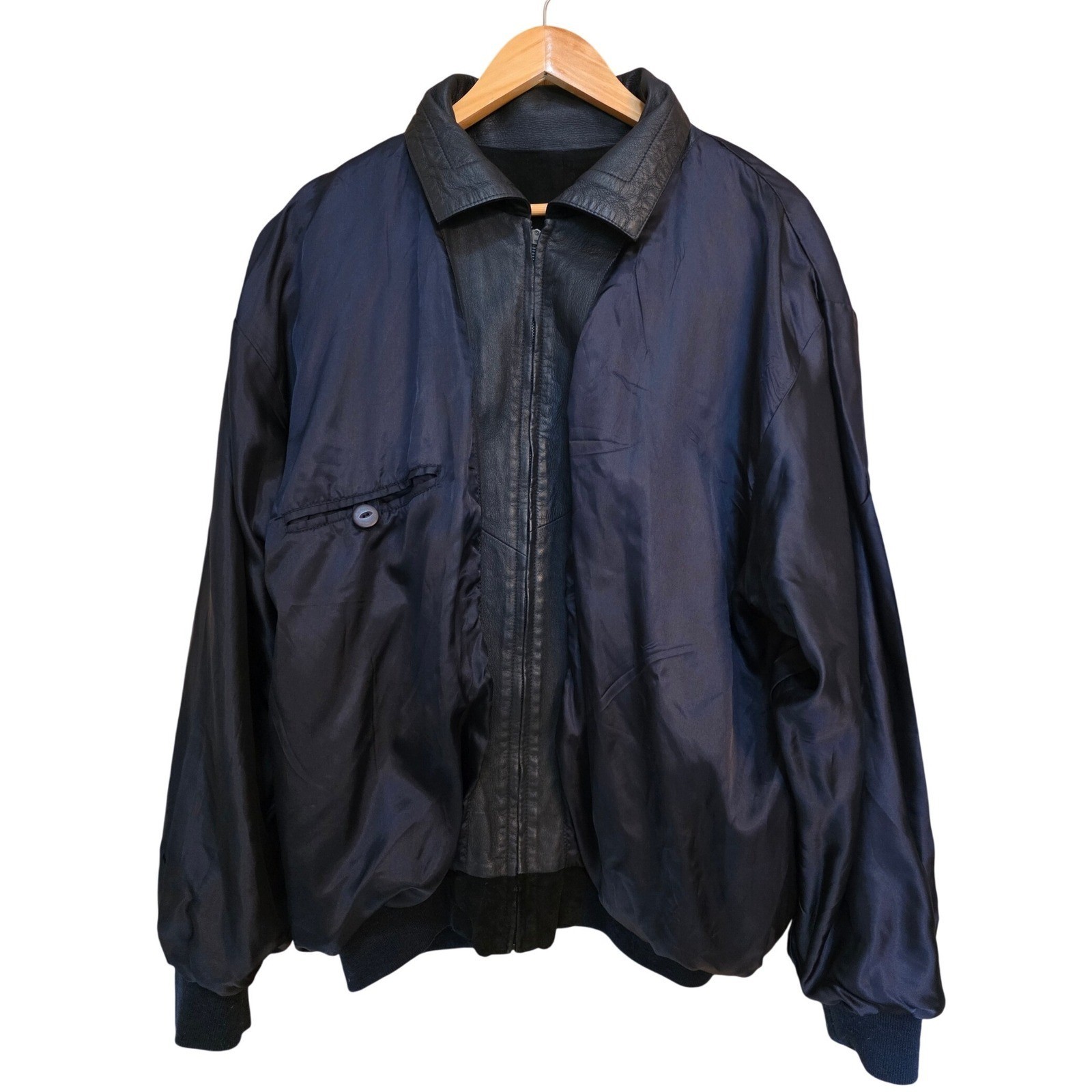Vintage Mens Suede Knit Bomber Jacket Black Navy Embroidered Ship Lining Small - View 4