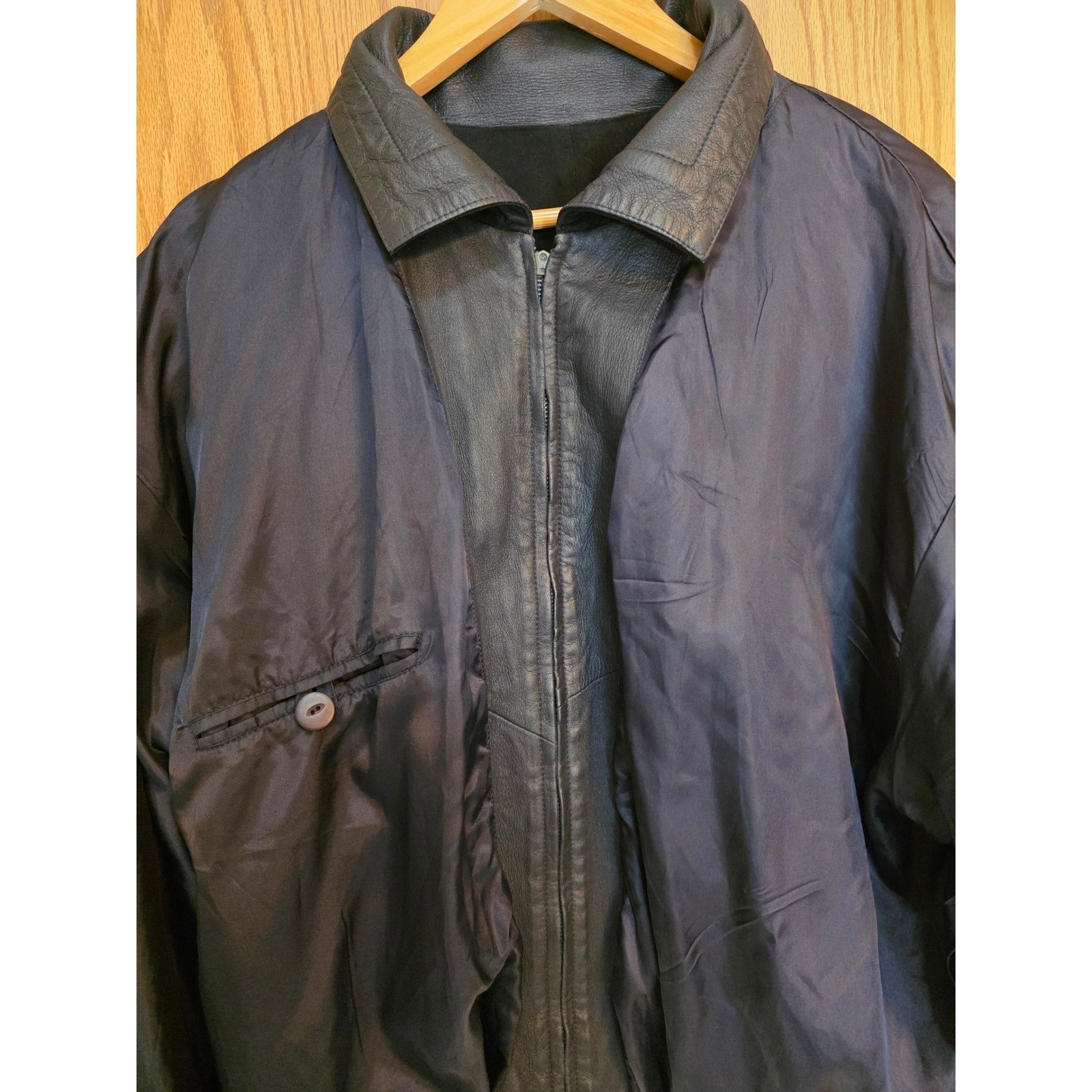 Vintage Mens Suede Knit Bomber Jacket Black Navy Embroidered Ship Lining Small - View 7