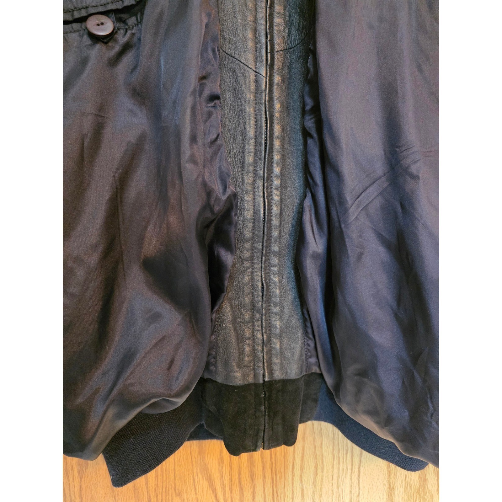 Vintage Mens Suede Knit Bomber Jacket Black Navy Embroidered Ship Lining Small - View 8