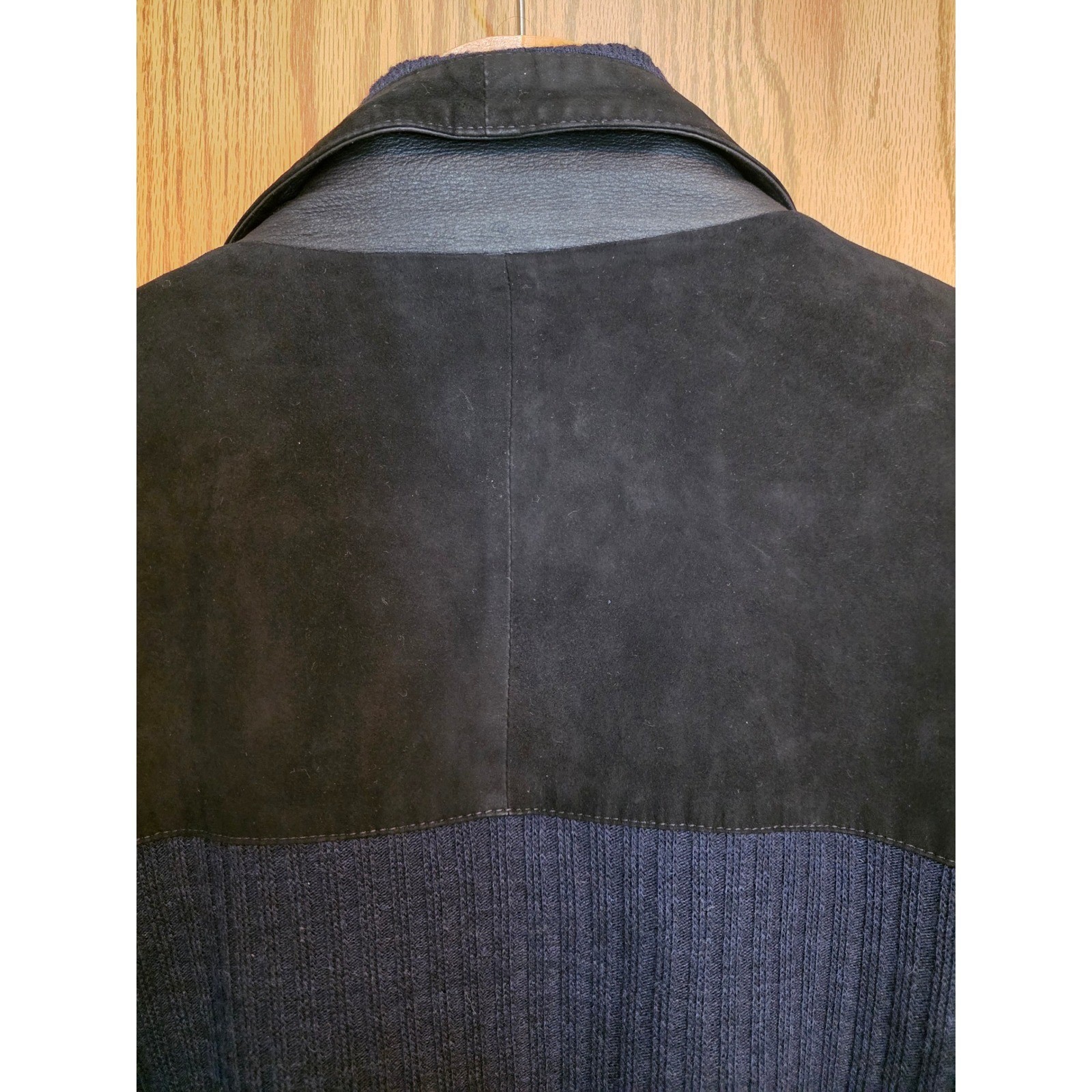 Vintage Mens Suede Knit Bomber Jacket Black Navy Embroidered Ship Lining Small - View 10