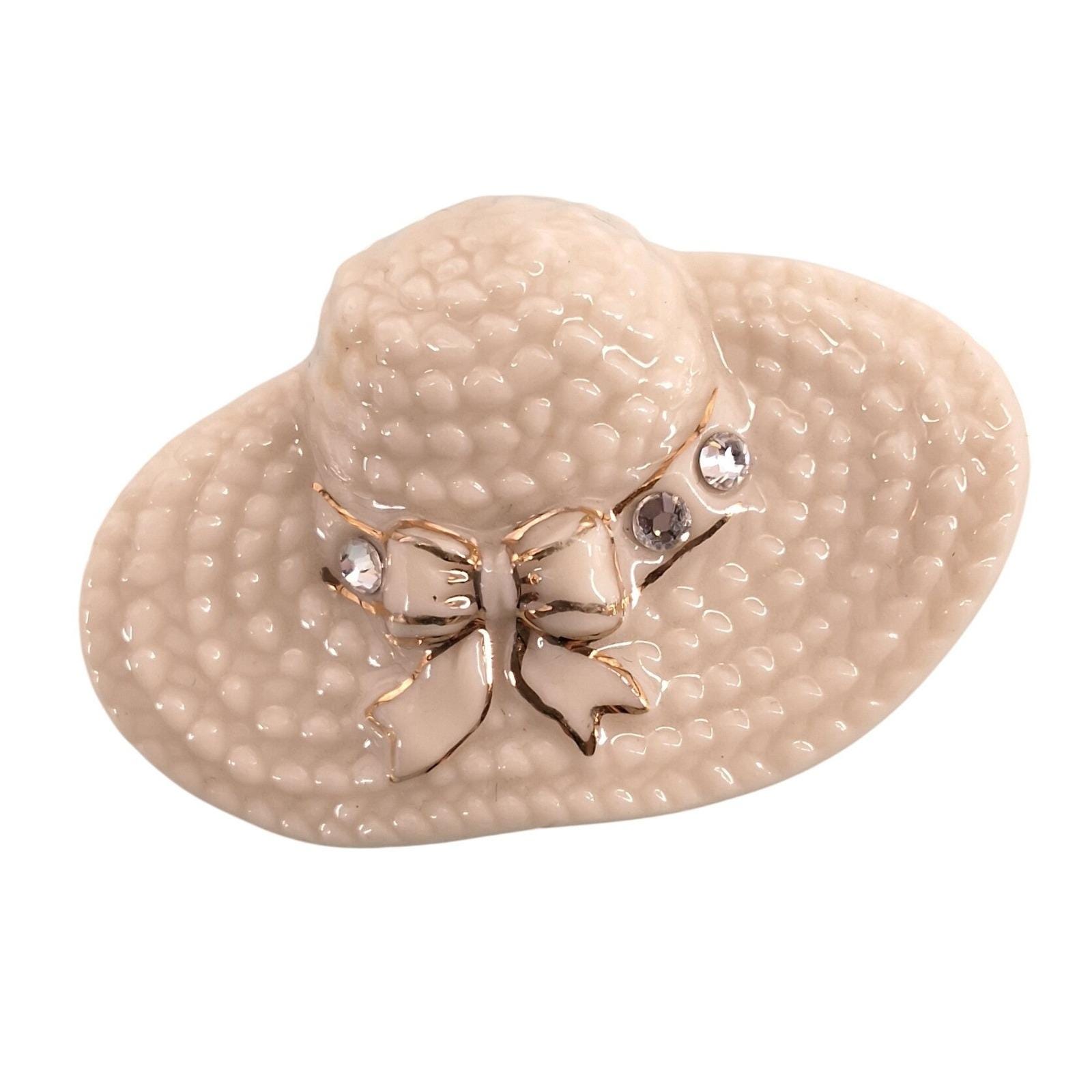 Lenox Porcelain Sun Hat Brooch Pin | Peach Beaded Bow | Vintage Style