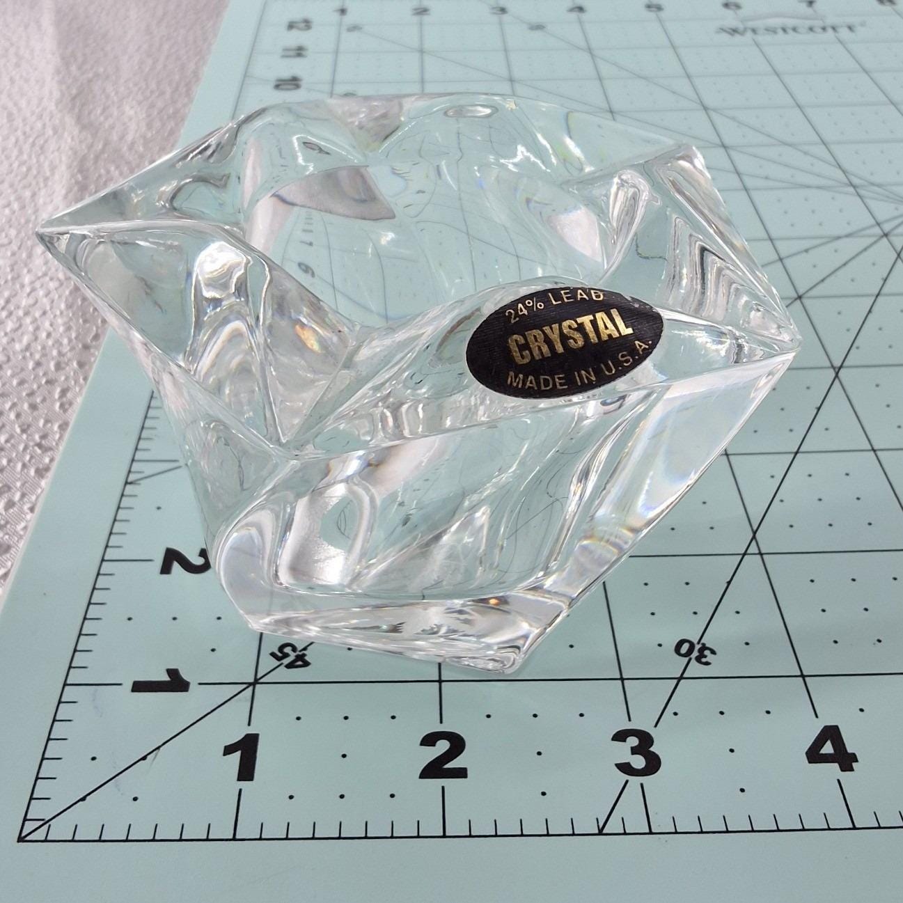 Vintage 24% Lead Crystal Votive Candle Holder Etched Leaf Base Made in USA Clear - View 3