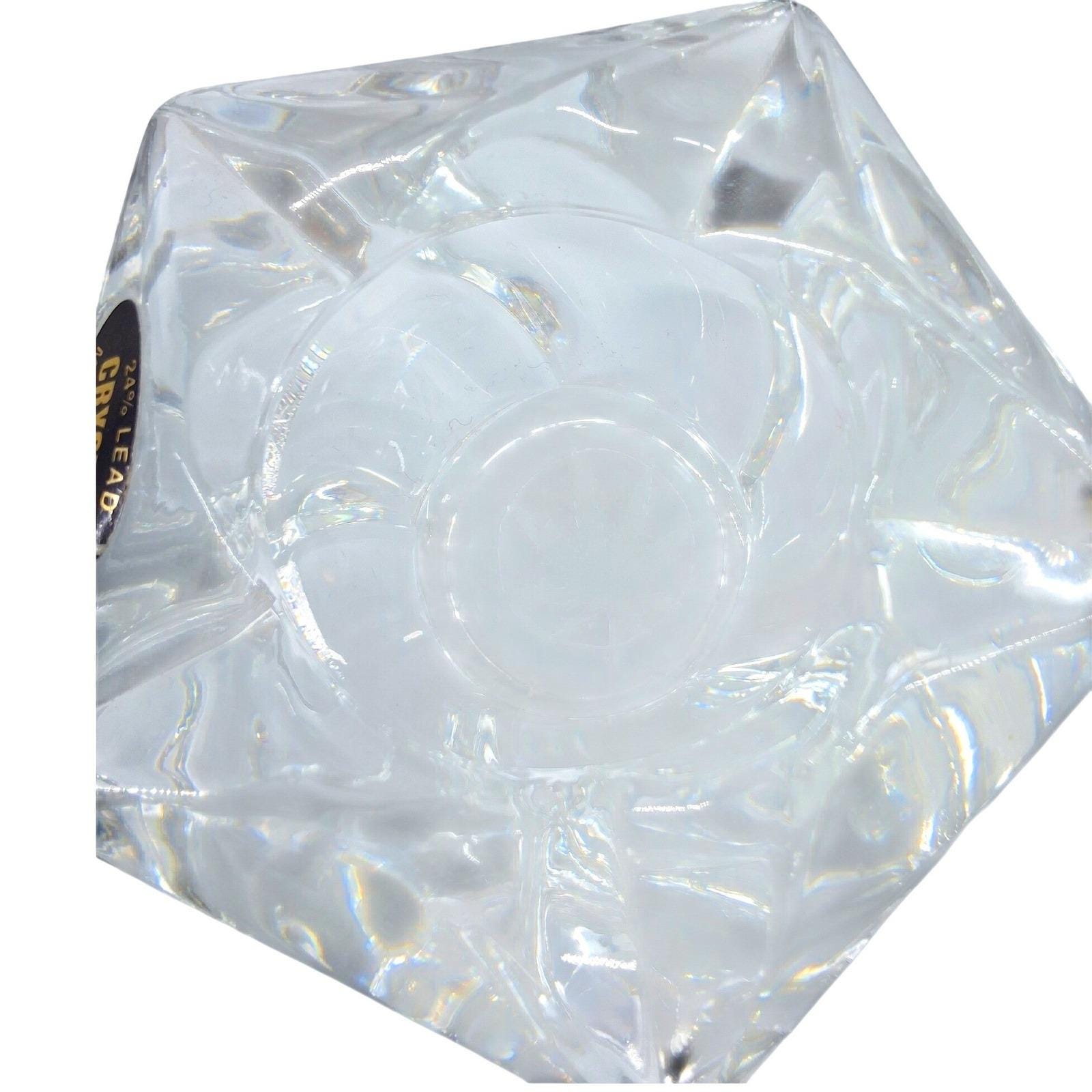 Vintage 24% Lead Crystal Votive Candle Holder Etched Leaf Base Made in USA Clear - View 6