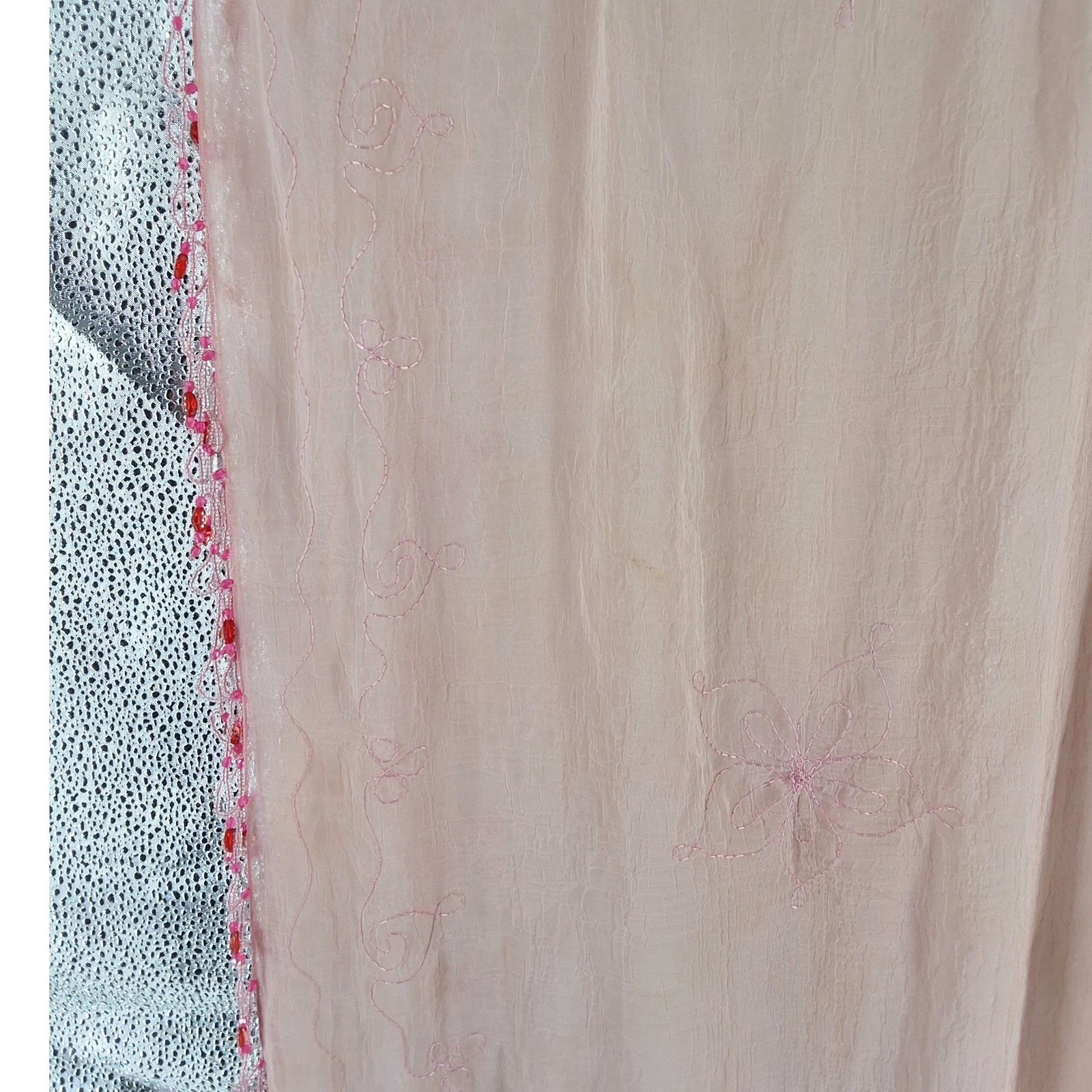 Pareos etc. Pink Sheer Embroidered Scarf Sarong with Beaded Fringe One Size - View 6