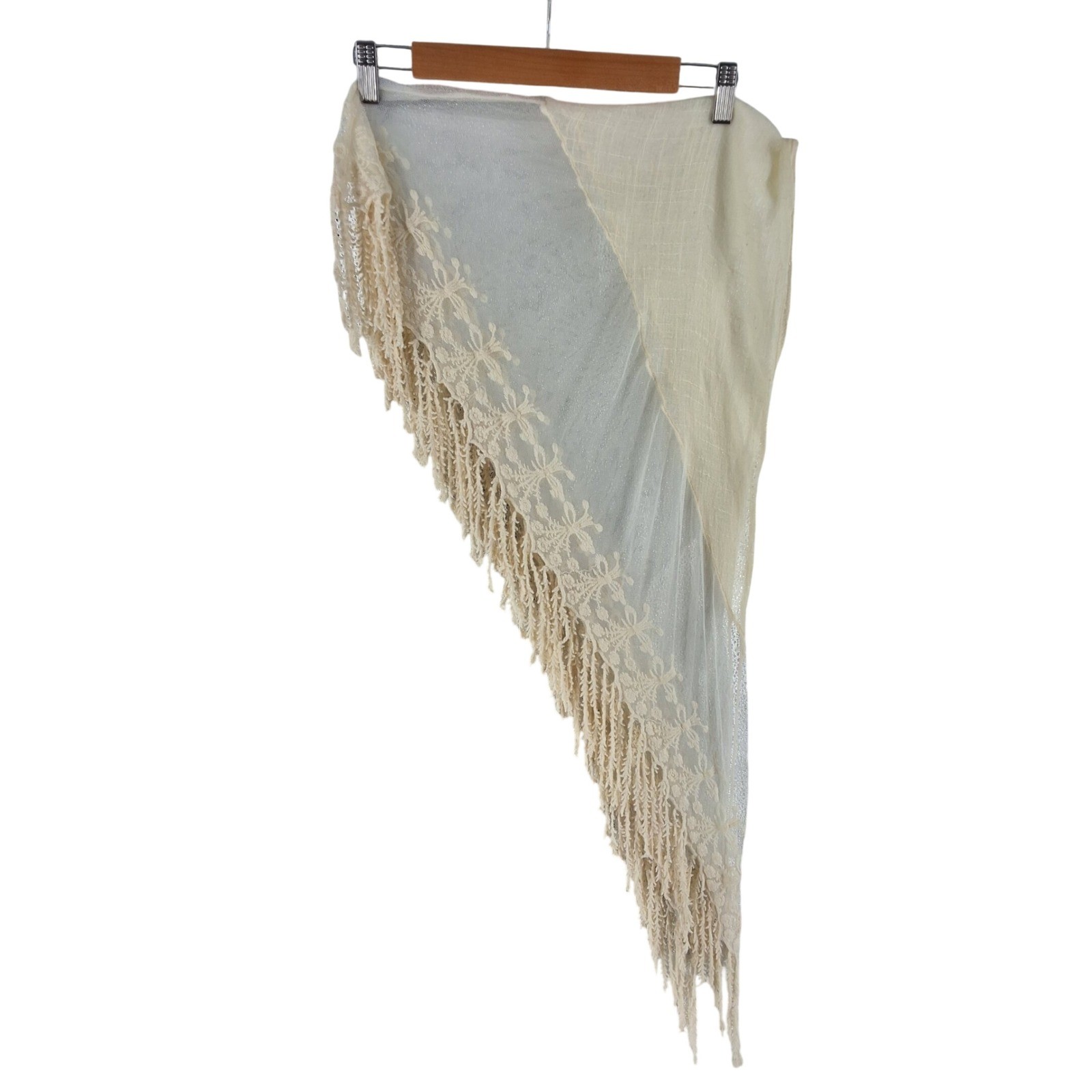 World Market Cream Triangle Scarf Floral Embroidery Mesh Fringe Boho Ivory 74x24